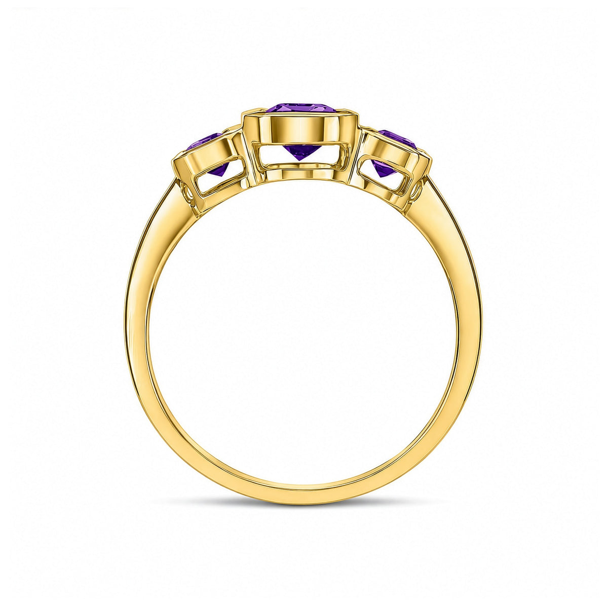 9ct Yellow Gold Octagon Amethyst Rubover Set 3 Stone Ring - view 2