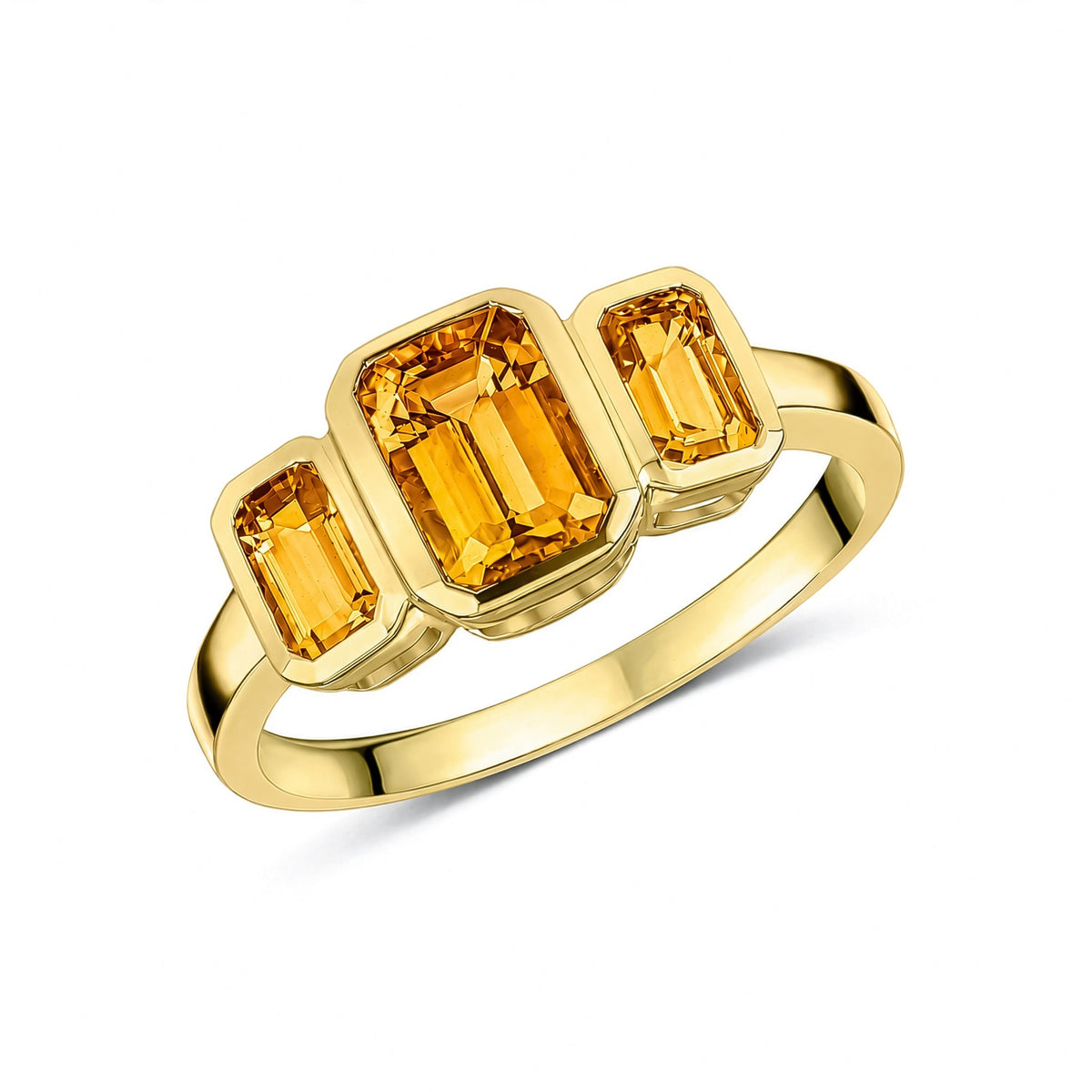9ct Yellow Gold Octagon Citrine Rubover Set 3 Stone Ring - view 1
