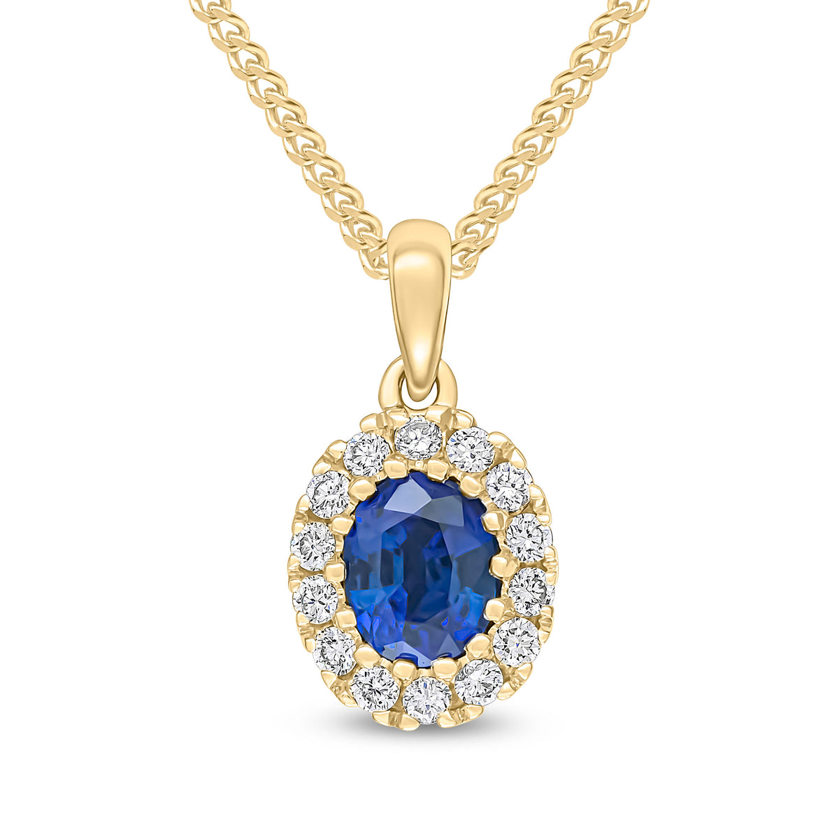 18ct Yellow Gold 5x4 Oval Sapphire & Diamond Claw Set Cluster Pendant