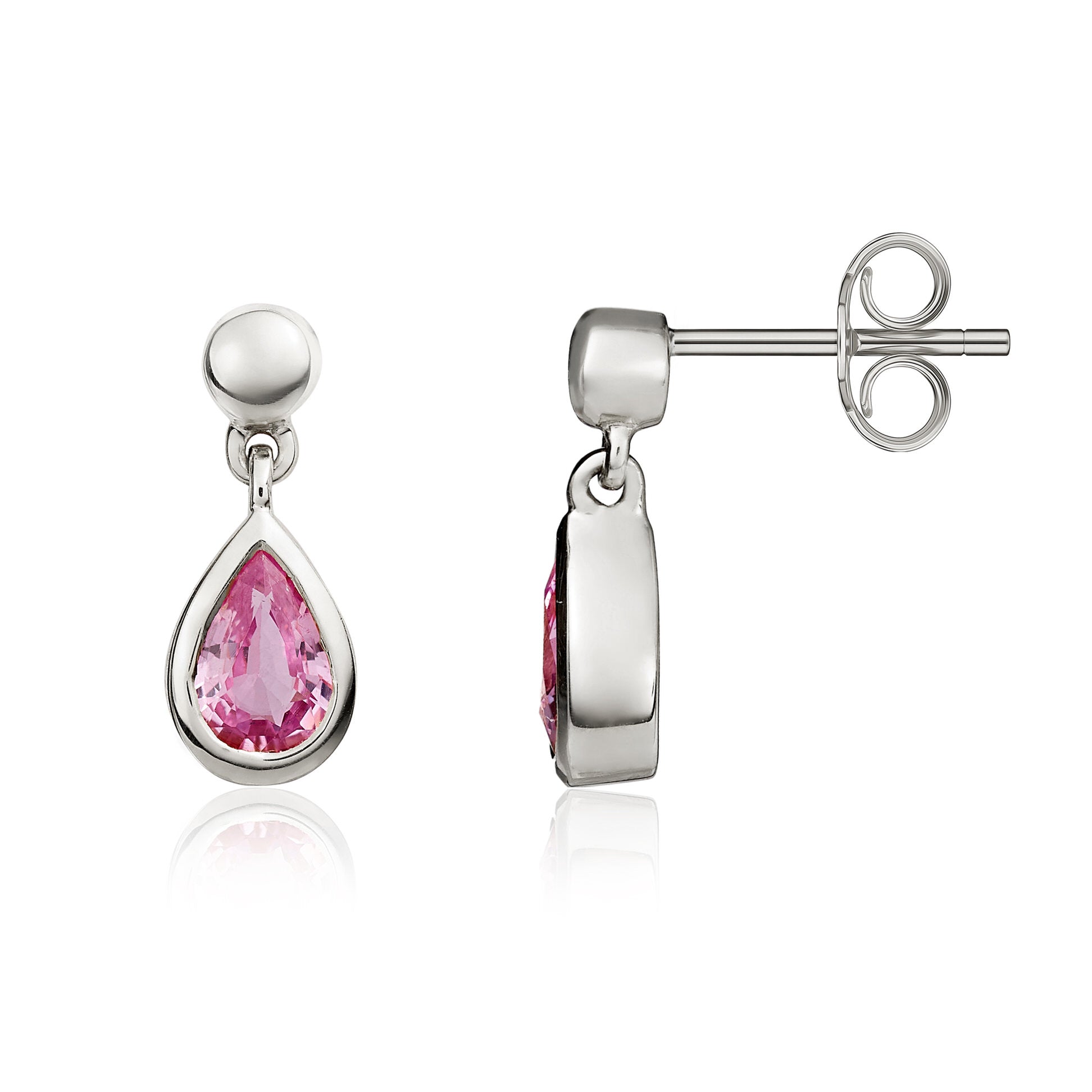 9ct White Gold 6x4 Pear Shape Pink Sapphire Rubover Drop Earrings with 3mm Bead Top