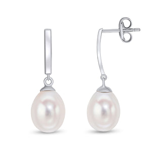 9ct White Gold Polished Curved Bar With cultured freshwater pearl