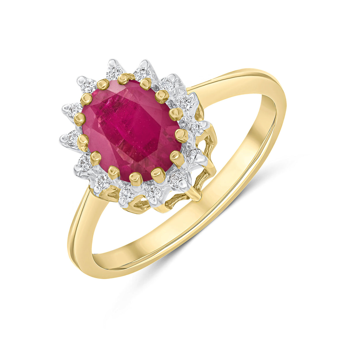 9ct Yellow Gold 8x6 Oval Ruby & Diamond Claw Set Cluster Ring Rhodium to Diamonds