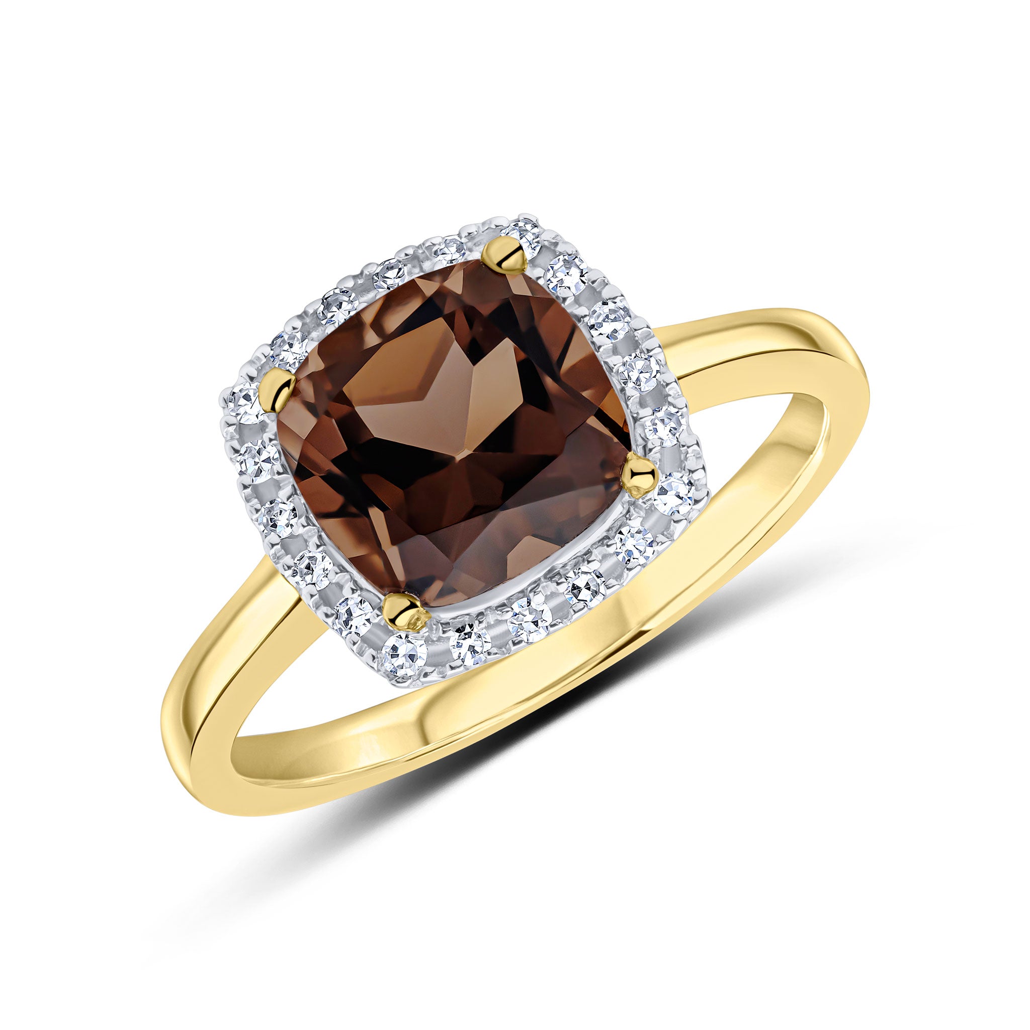 9CT YG 8MM CUSHION SMOKY QUARTZ AND DIAMOND CLAW CLUSTER RING. RHODIUM TO DIAMONDS 1