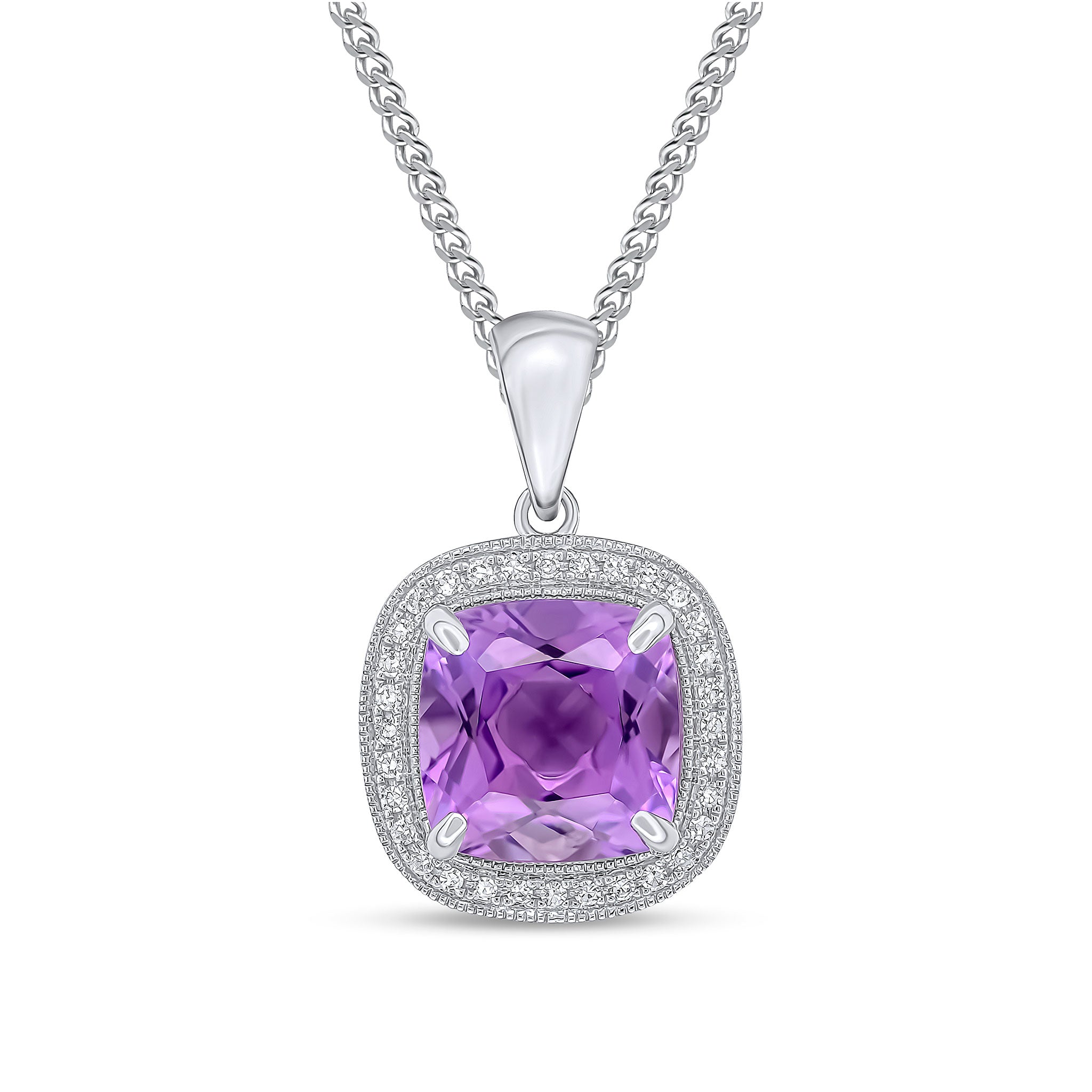 9ct White Gold 9mm Cushion Amethyst & Diamond Cluster Pendant Milgrain Edge