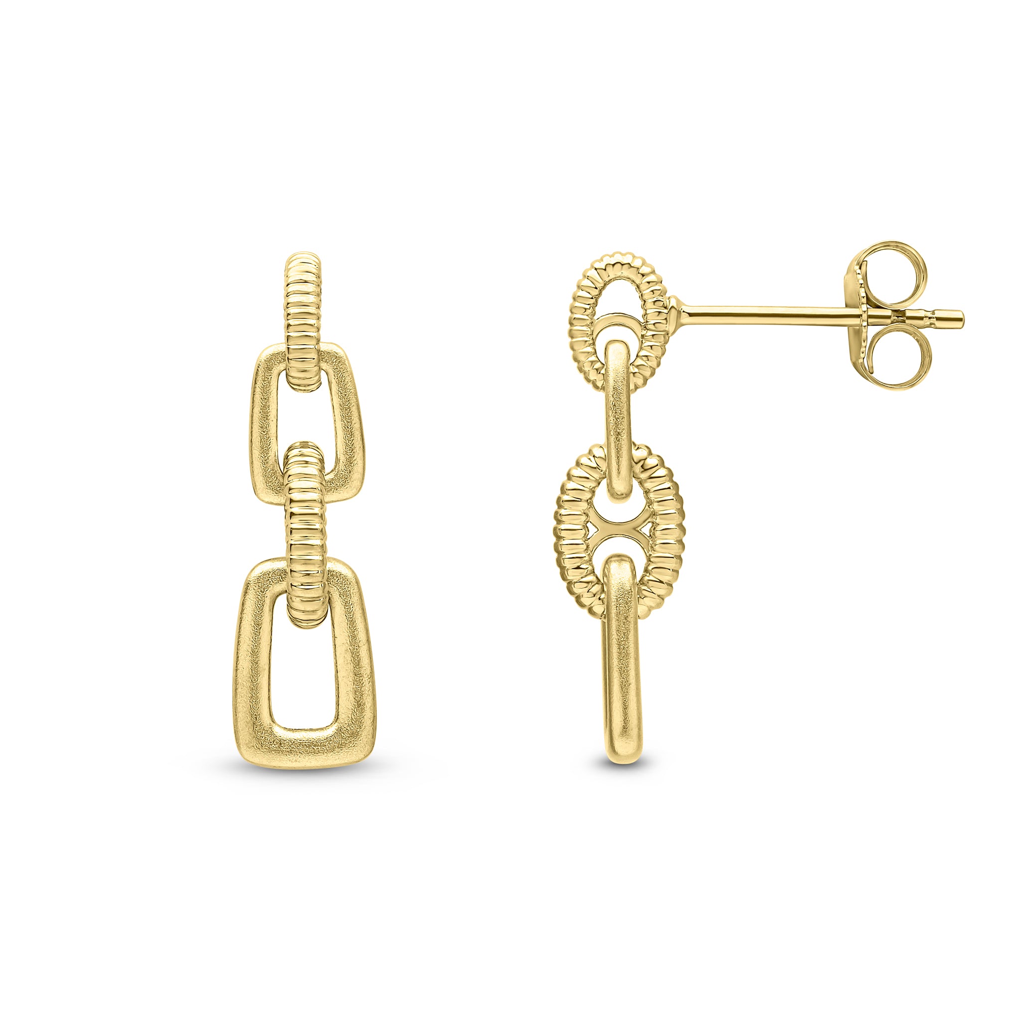 9ct Yellow Gold Satin and Ribbbed Links Drop Earrings
