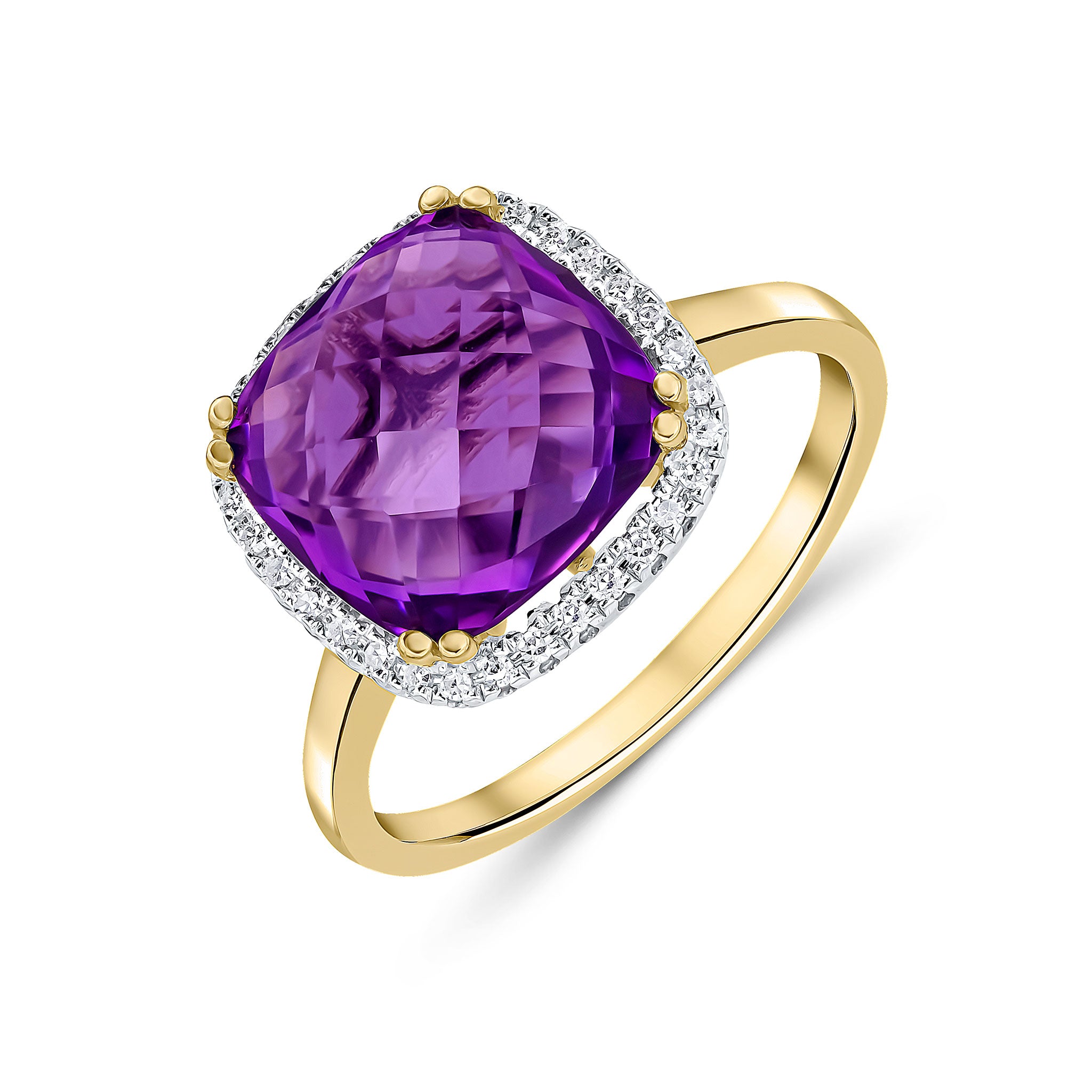 9ct Yellow Gold 10mm Checkerboard Cut Cushion Amethyst & Diamond Claw Set Cluster Ring Rhodium to Diamonds