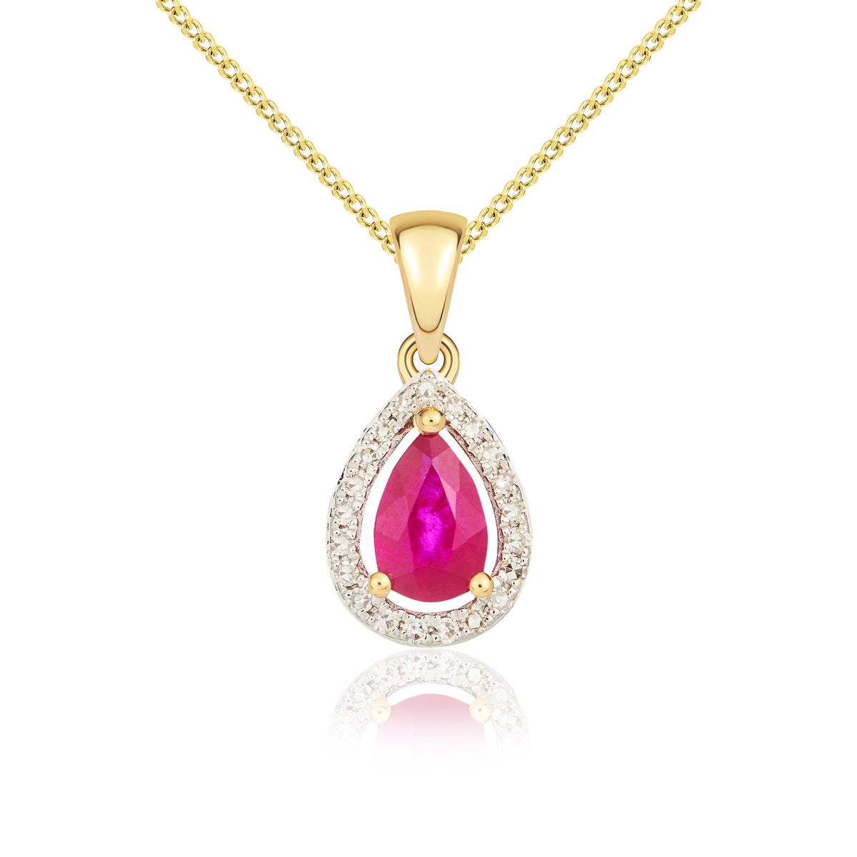 9ct Yellow Gold 6x4 Pear Shape Ruby & Diamond Halo Cluster Pendant Rhodium to Diamonds