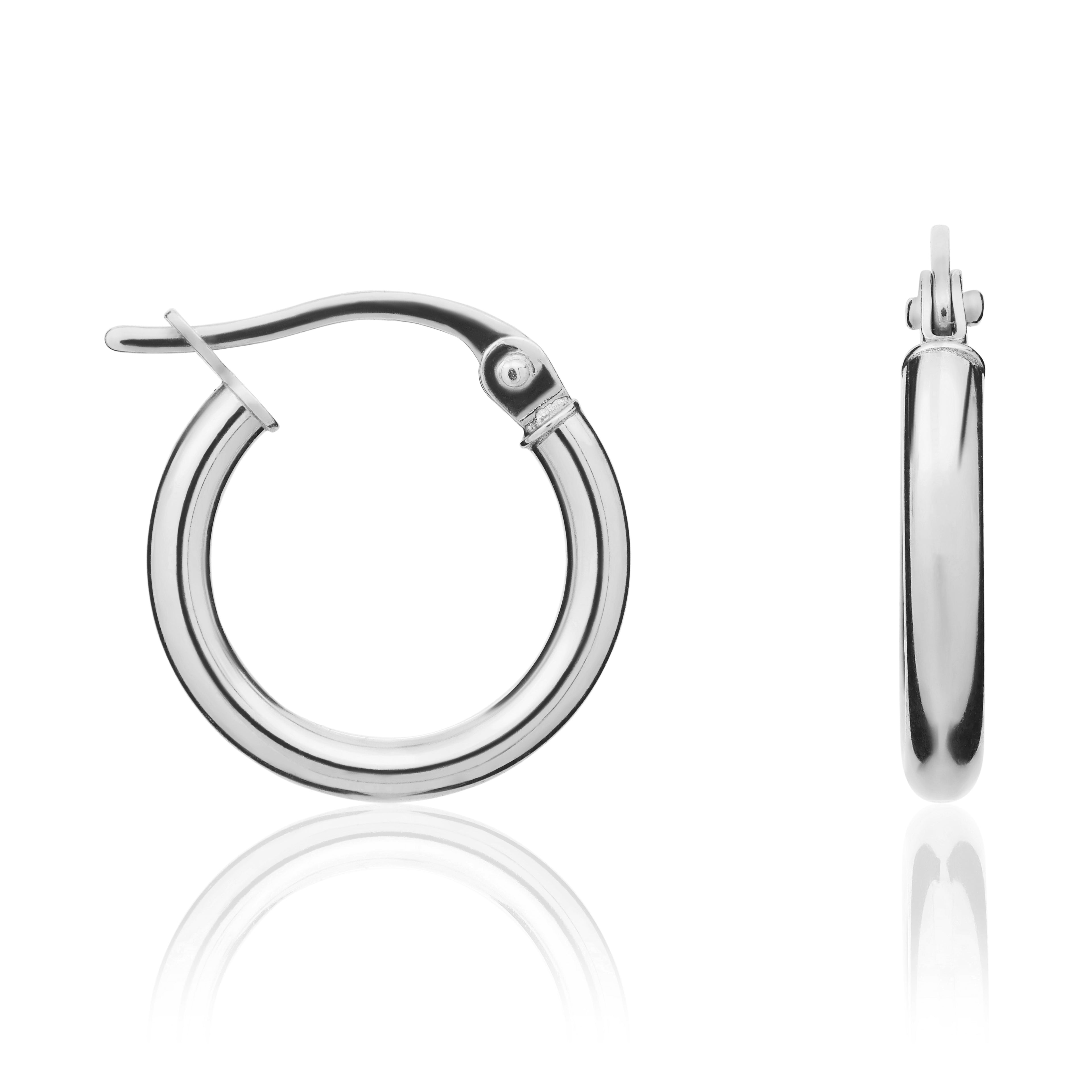 9ct white gold 2mm Polished Tube Hoop Earrings. 14mm Outer Diameter