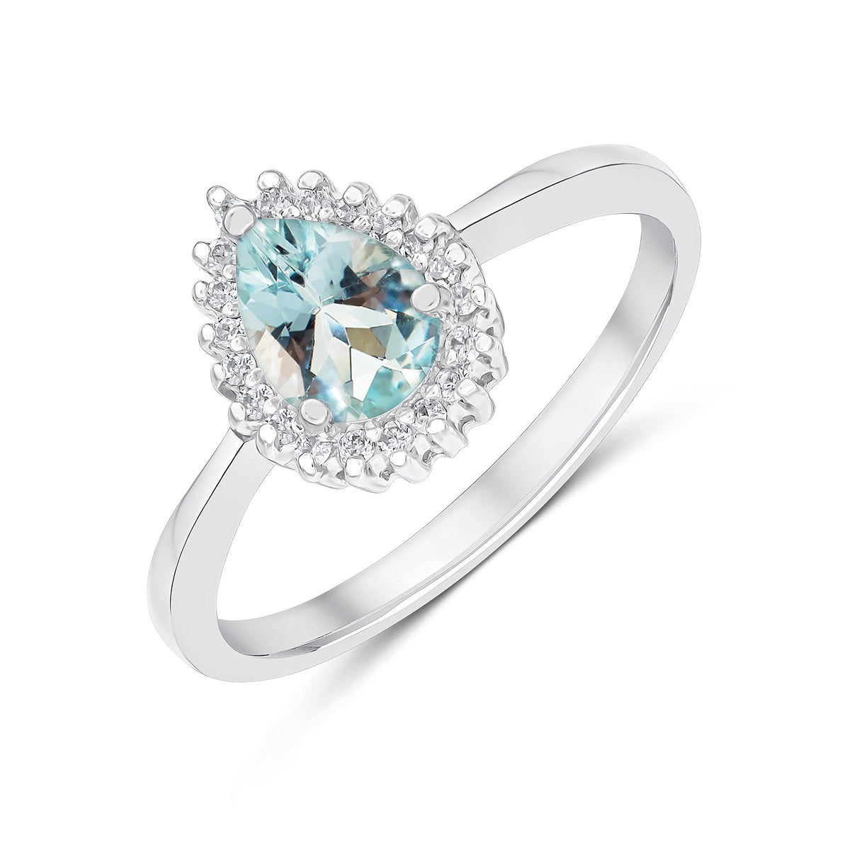 9ct White Gold 7x5mm Pear Shape Aquamarine & Diamond Claw Set Cluster Ring