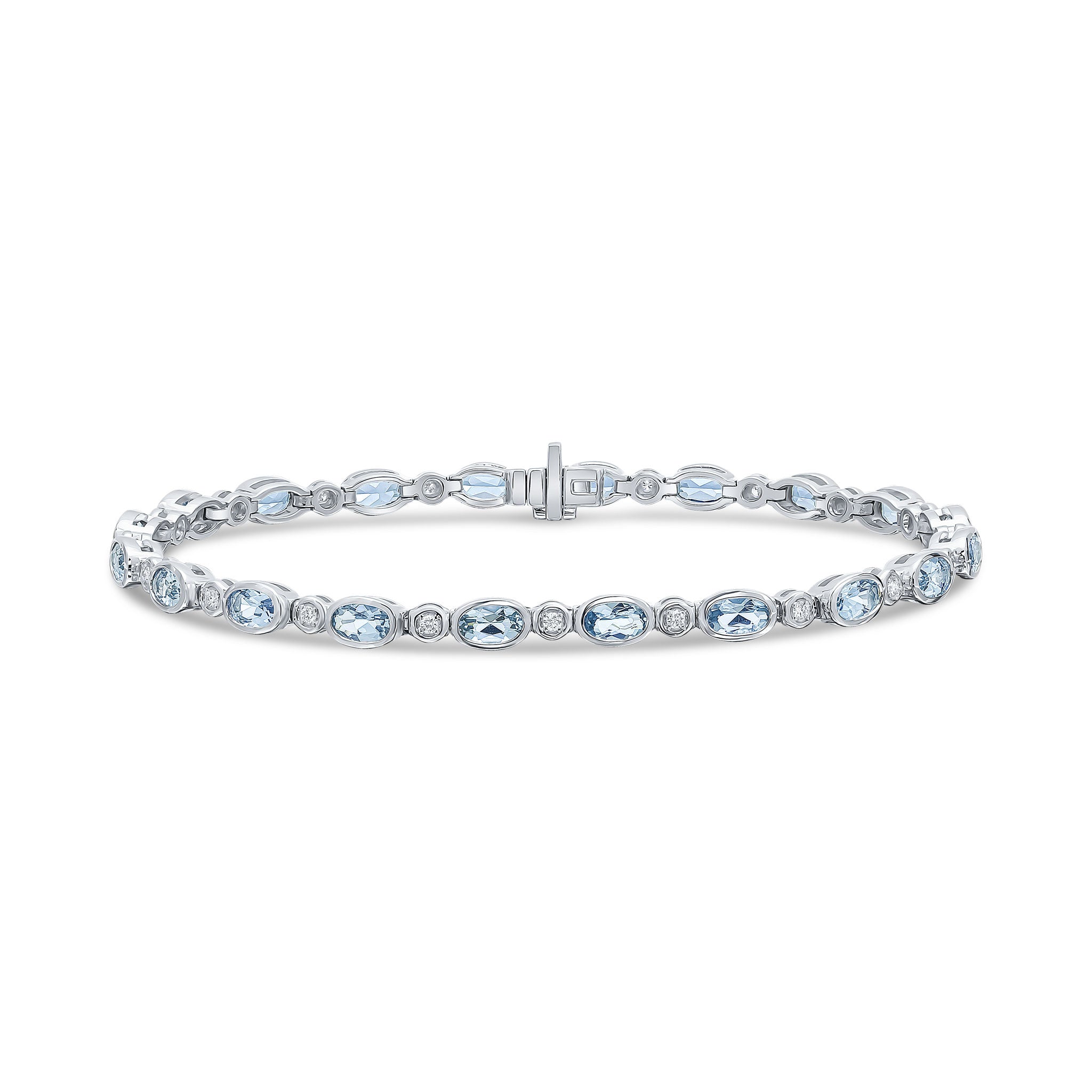 18ct White Gold Oval Aquamarine & Round Diamond Rubover Set Line Bracelet