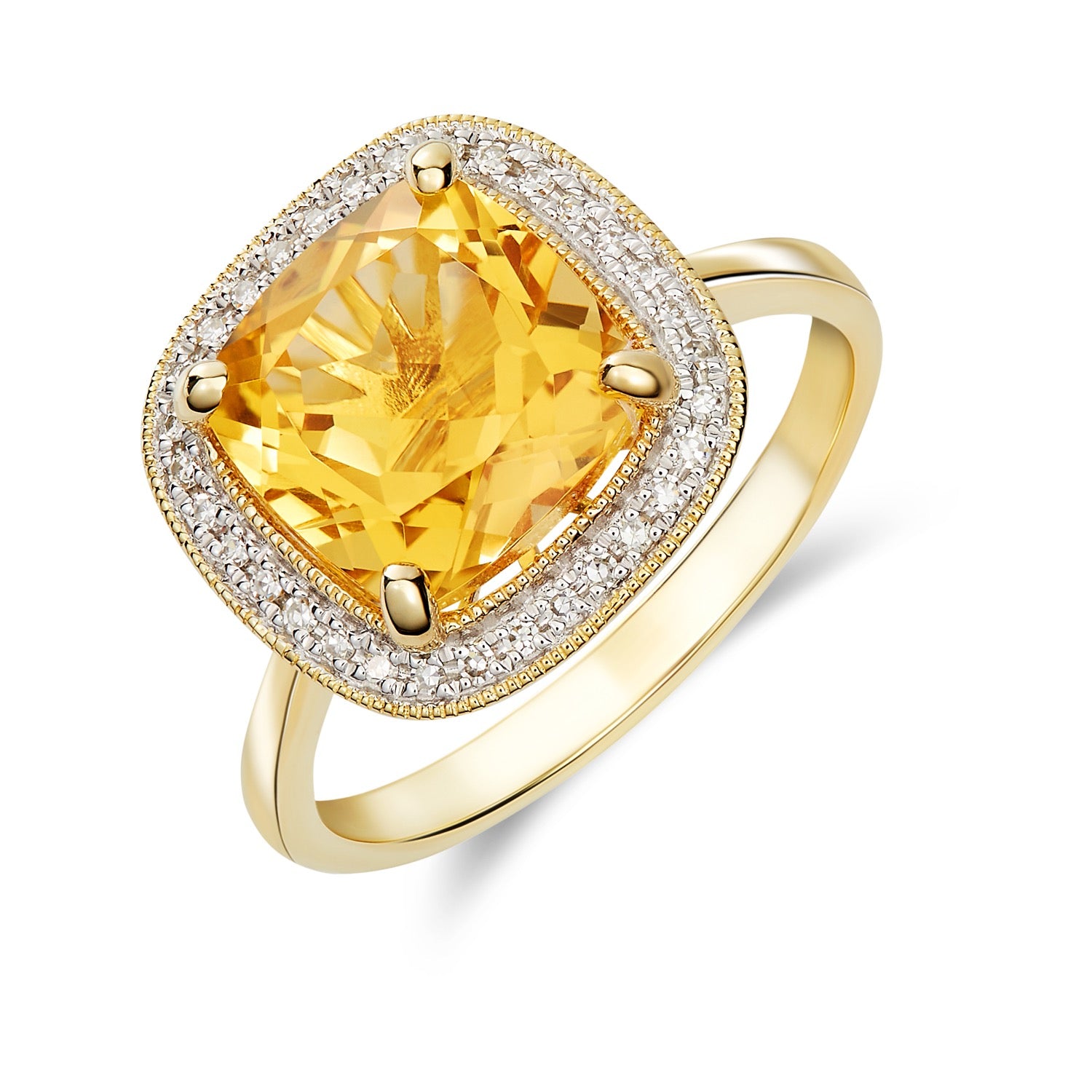 9ct Yellow Gold 9mm Cushion Citrine and Diamond Cluster Ring with Milgrain Edge Rhodium to Diamonds