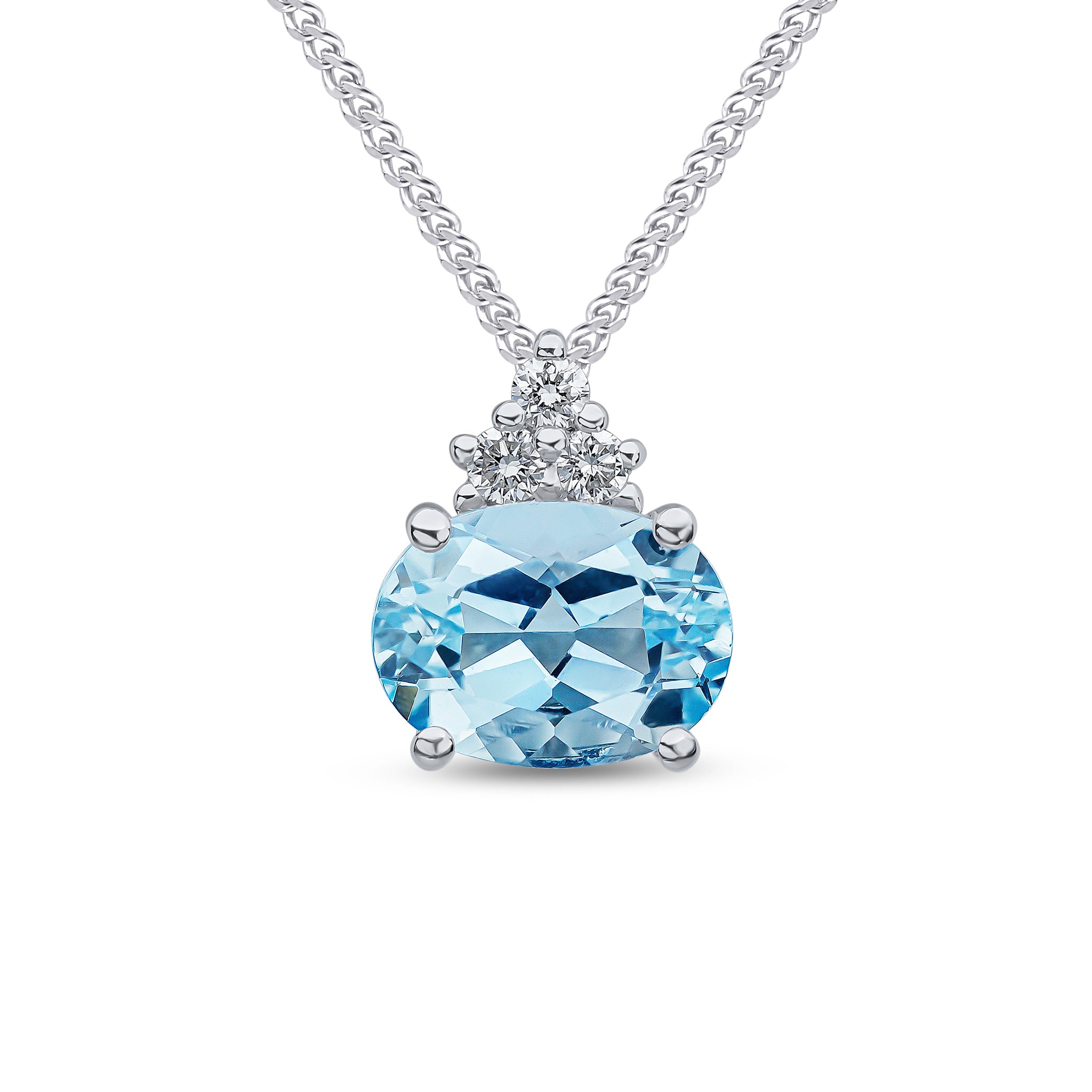 18ct White Gold Oval Aquamarine and Round Diamond Trefoil Top Slider Pendant