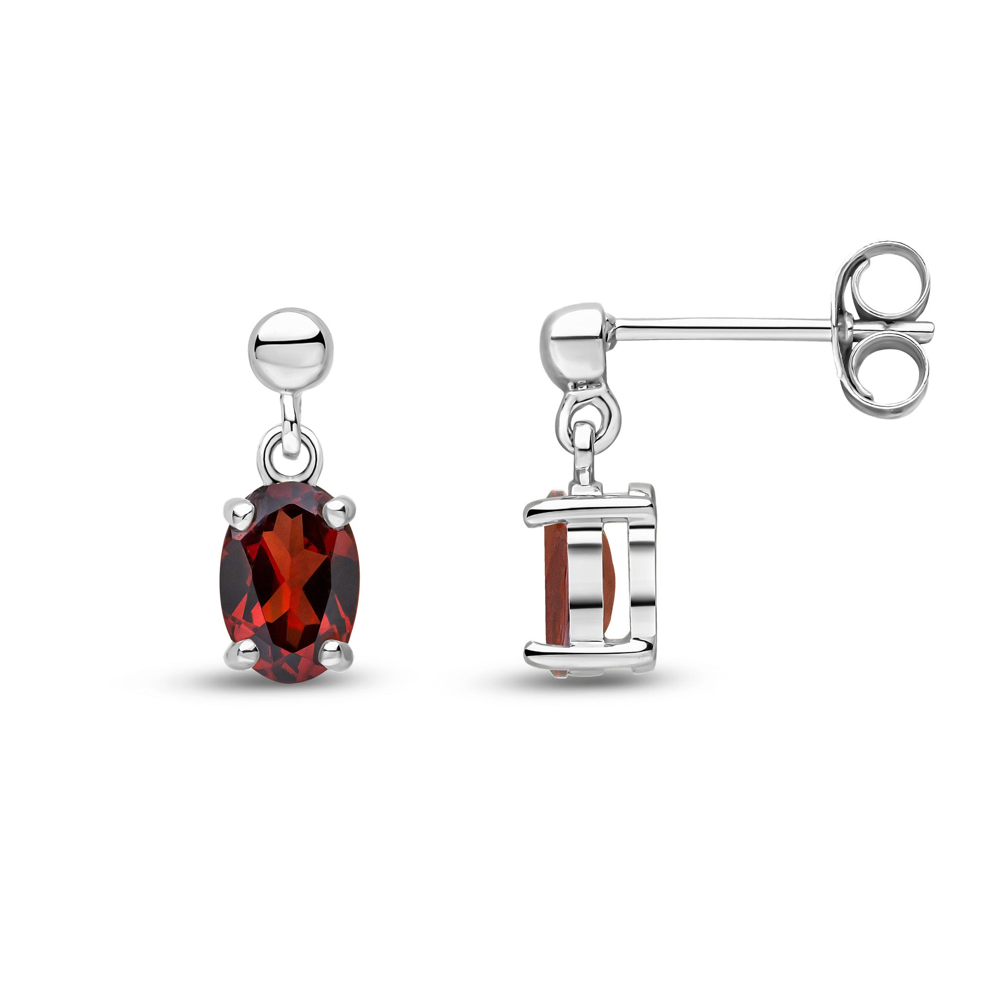 9ct White Gold 6x4 Oval Garnet Claw Set Drop Earrings with Bead Top