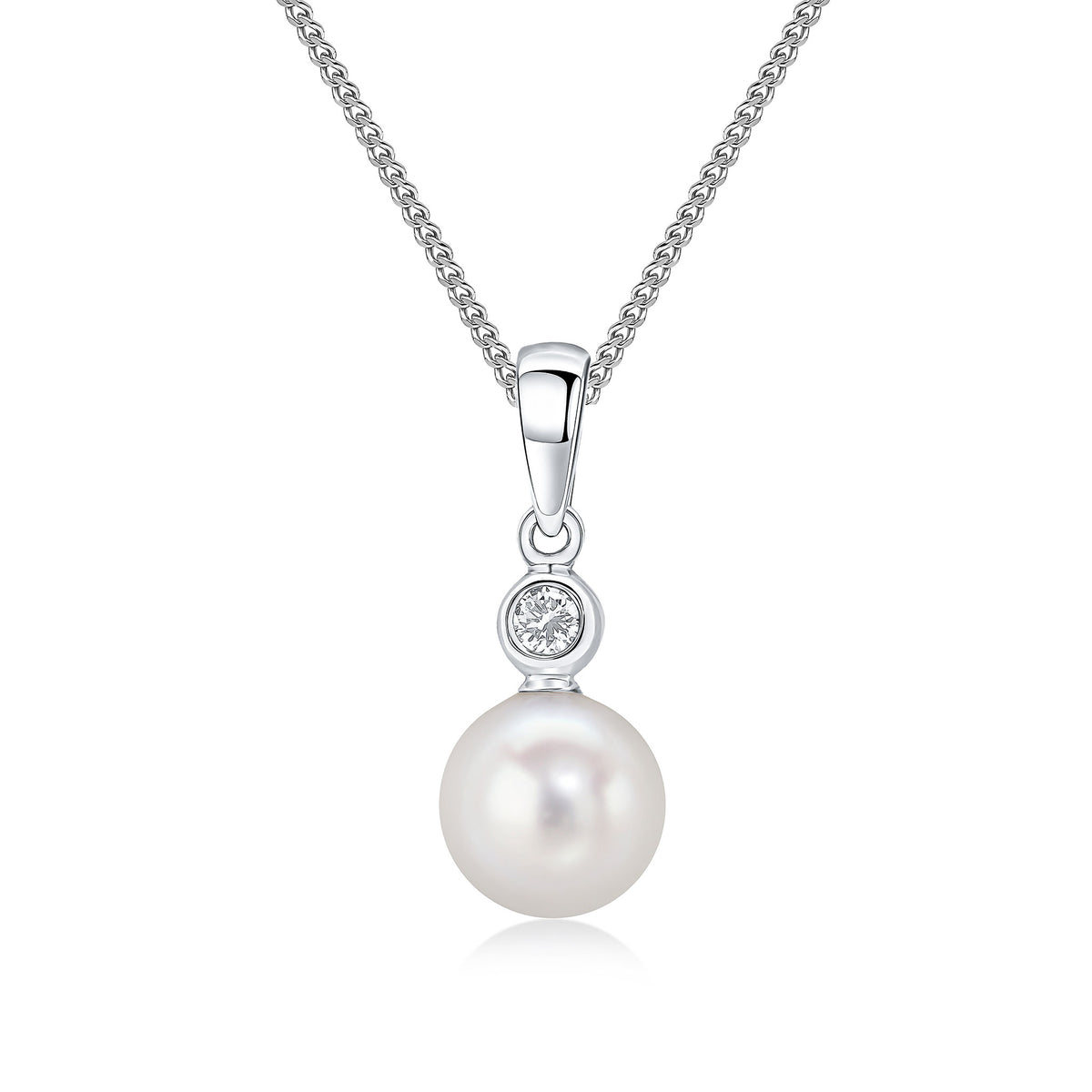 18ct White Gold Diamond & Freshwater Pearl 2 Stone Rubover Pendant