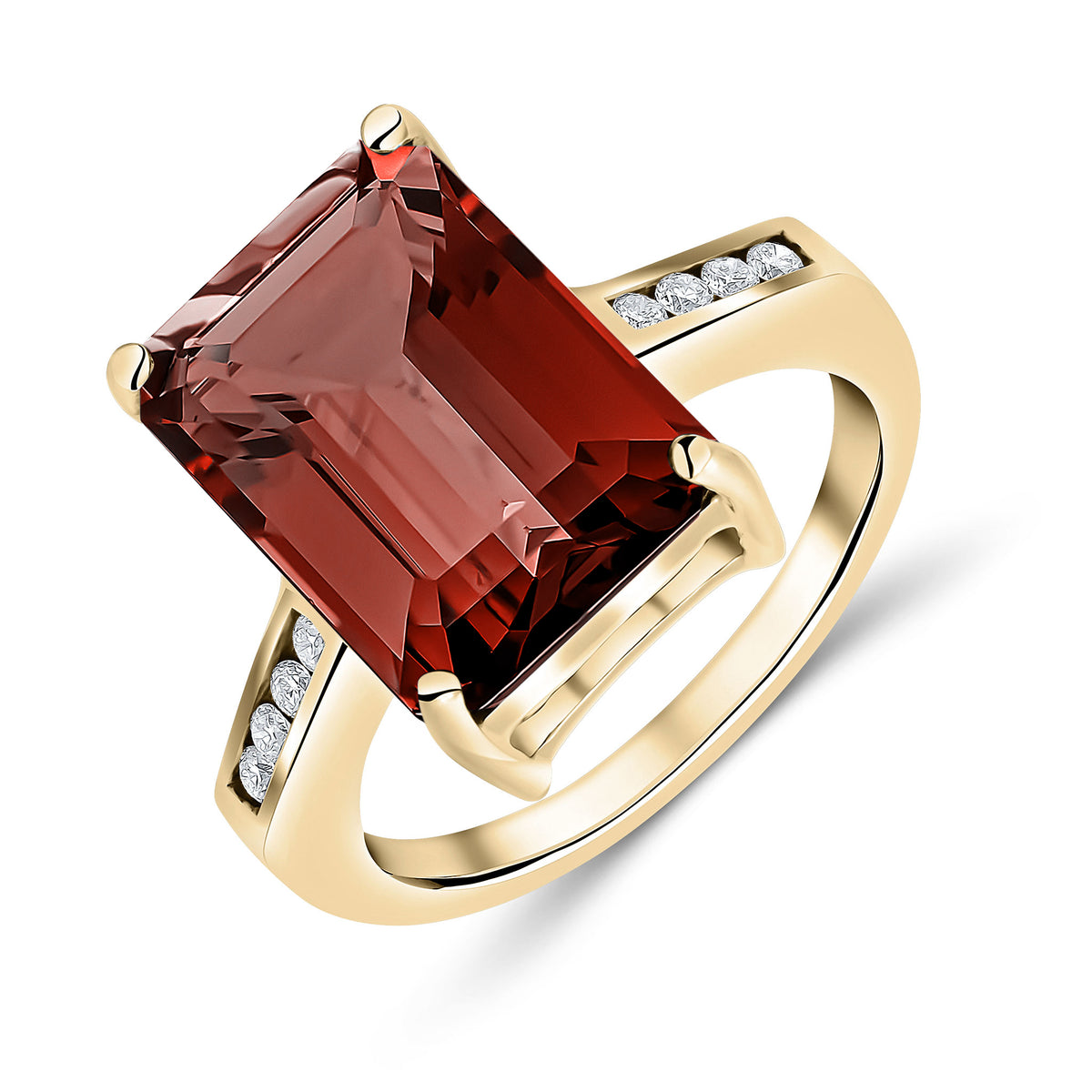 9ct Yellow Gold Claw Set 14x10 Octagon Garnet Single Stone Ring with Round Diamond Channel Set Shoulders