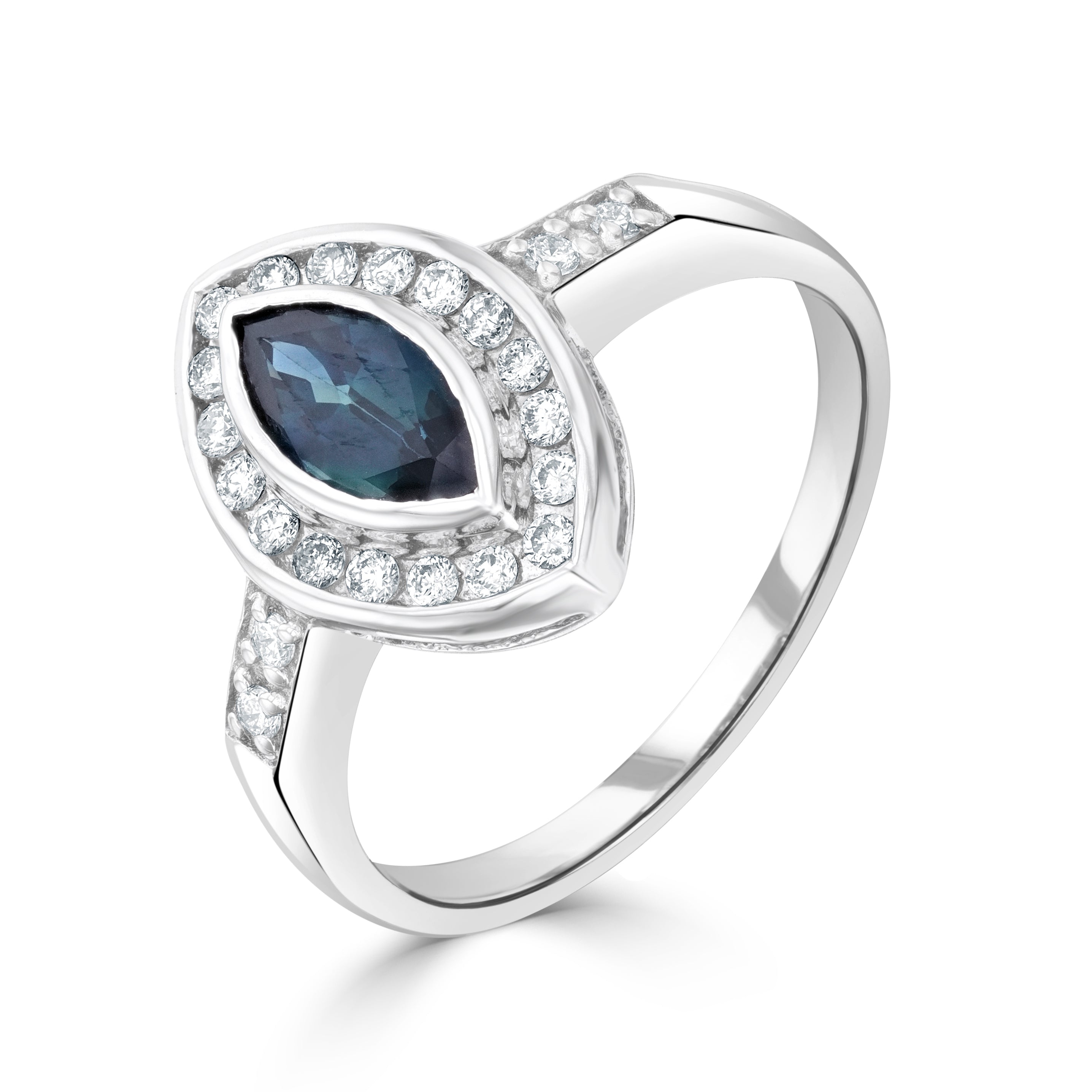 9ct White Gold Marq Sap & Diamond Clus Rose Gold