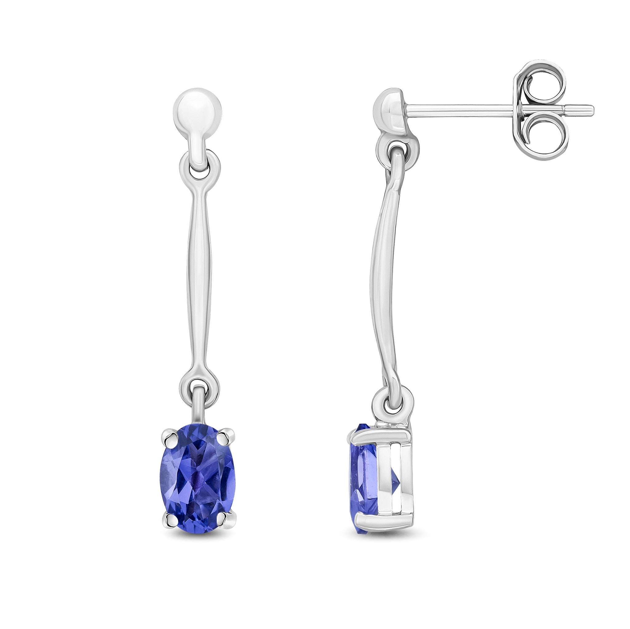 9ct White Gold Claw Set 6x4mm Oval Tanzanite and Bar Drop Earrings