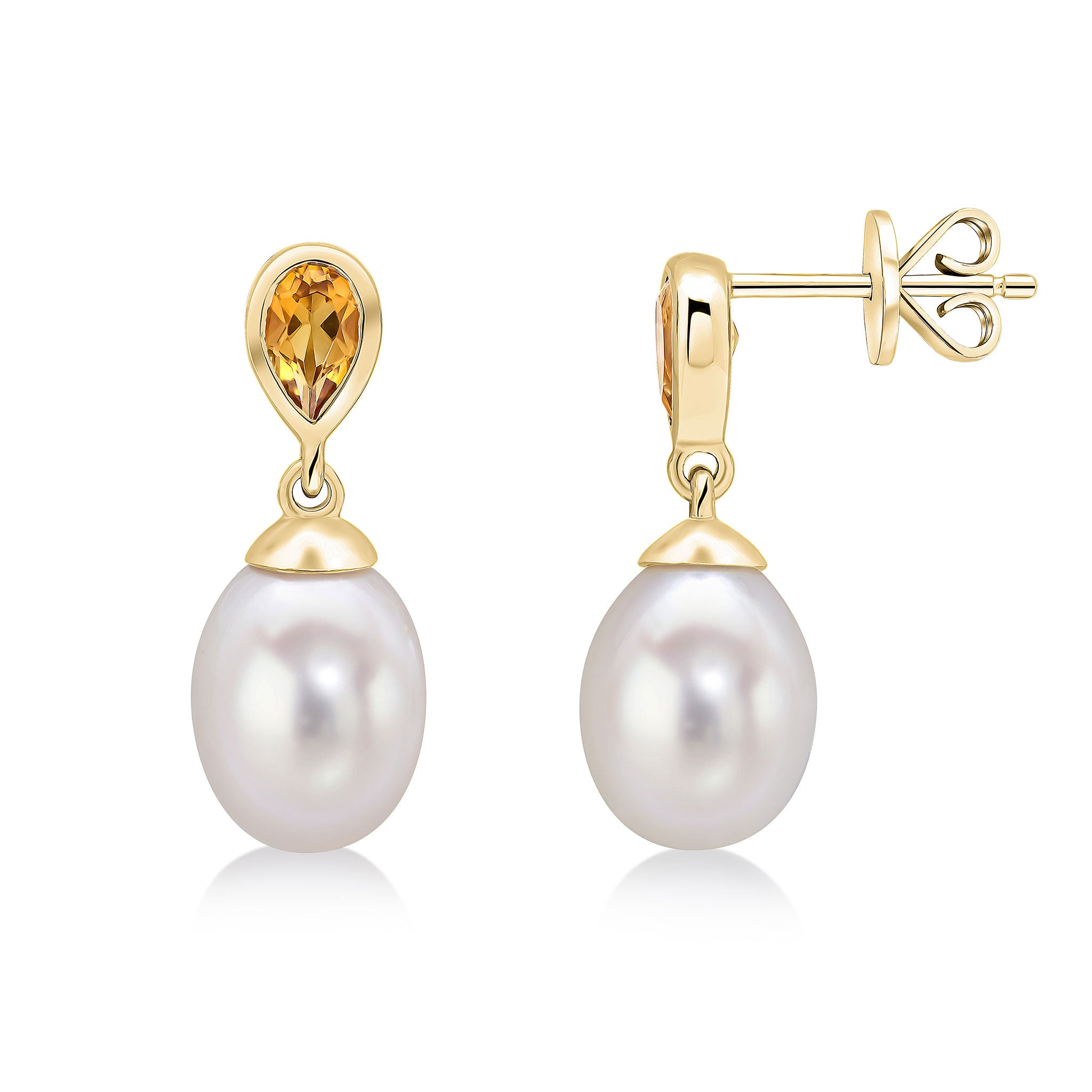 9ct Yellow Gold Pearl & Single Pear Shape Citrine Drop Earrings