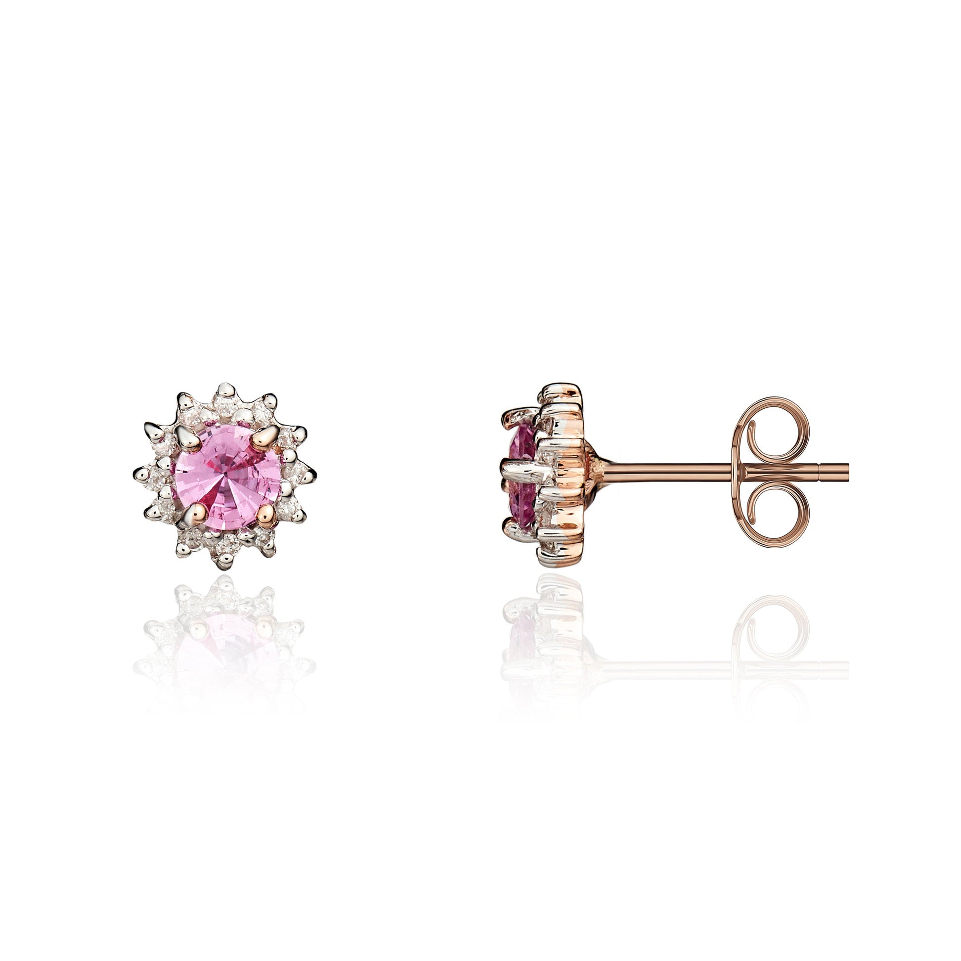 9ct Rose Gold 4mm Round Pink Sapphire & Diamond Claw Set Cluster Earrings Rhodium to Diamonds Stone Shortage So Currently Unable to Order