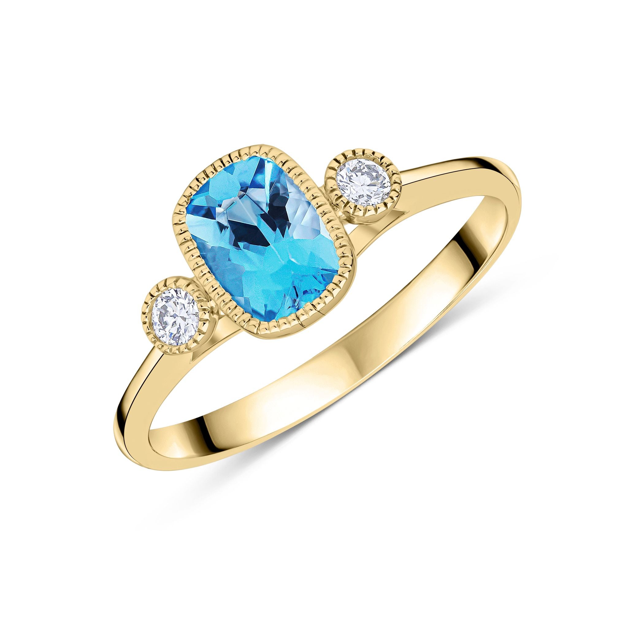 9ct Yellow Gold 7x5 Cushion Swiss Blue Topaz & Round Diamond Milgrain Set 3 Stone Ring