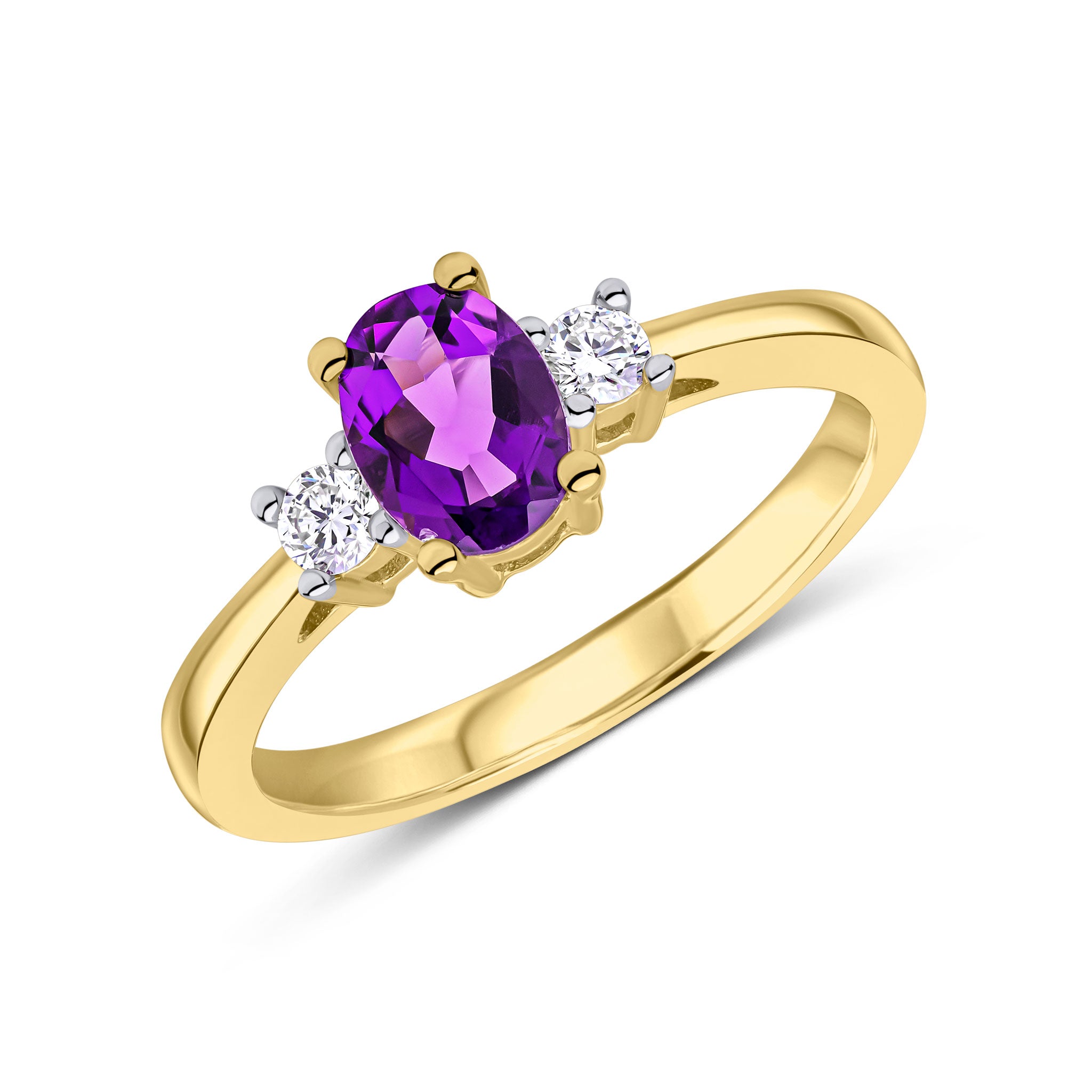 9ct Yellow Gold 7x5 Oval Amethyst and Round Diamond Claw Set 3 Stone Ring Rhodium to Diamonds