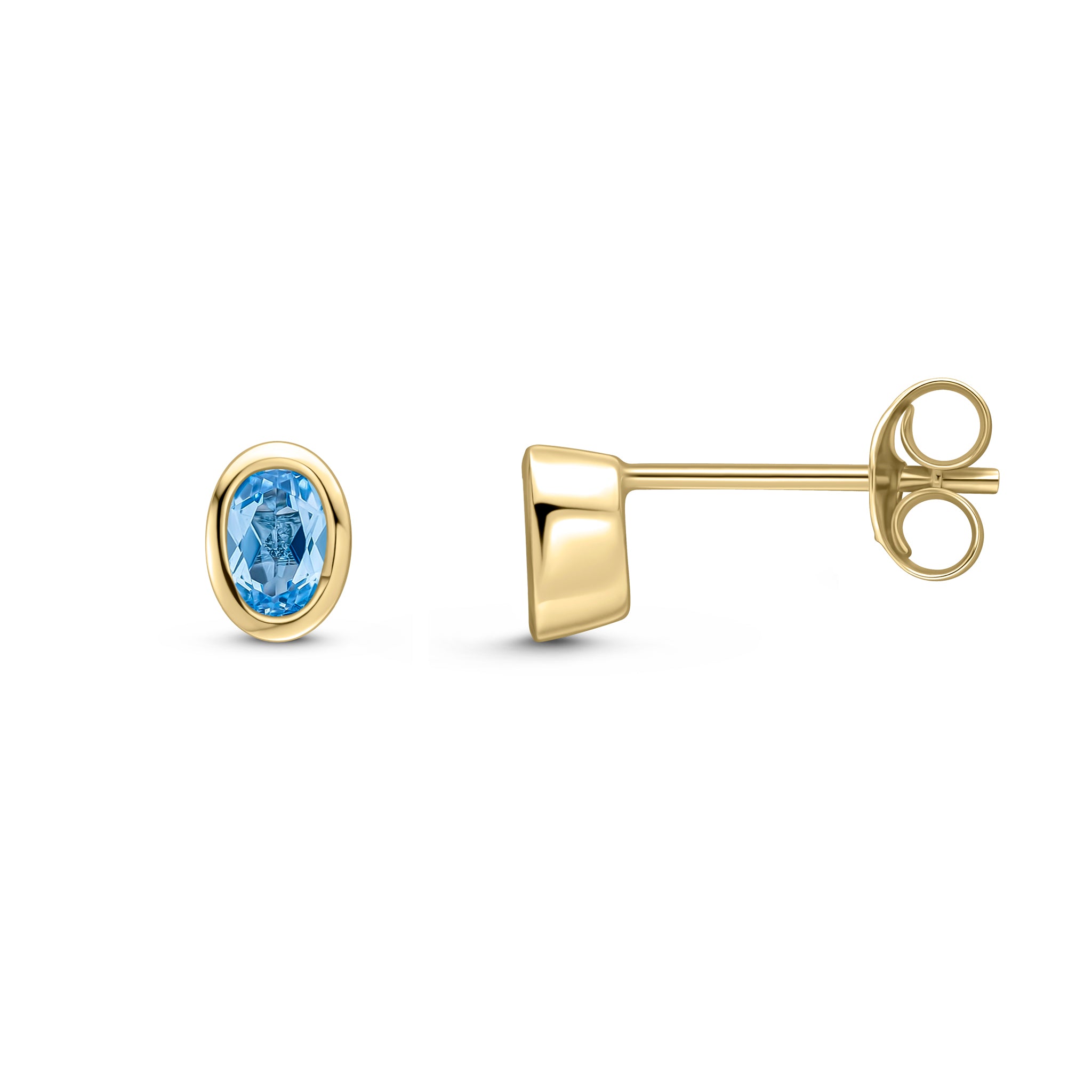 9ct Yellow Gold 4x3 Oval Swiss Blue Topaz Rubover Set Earrings