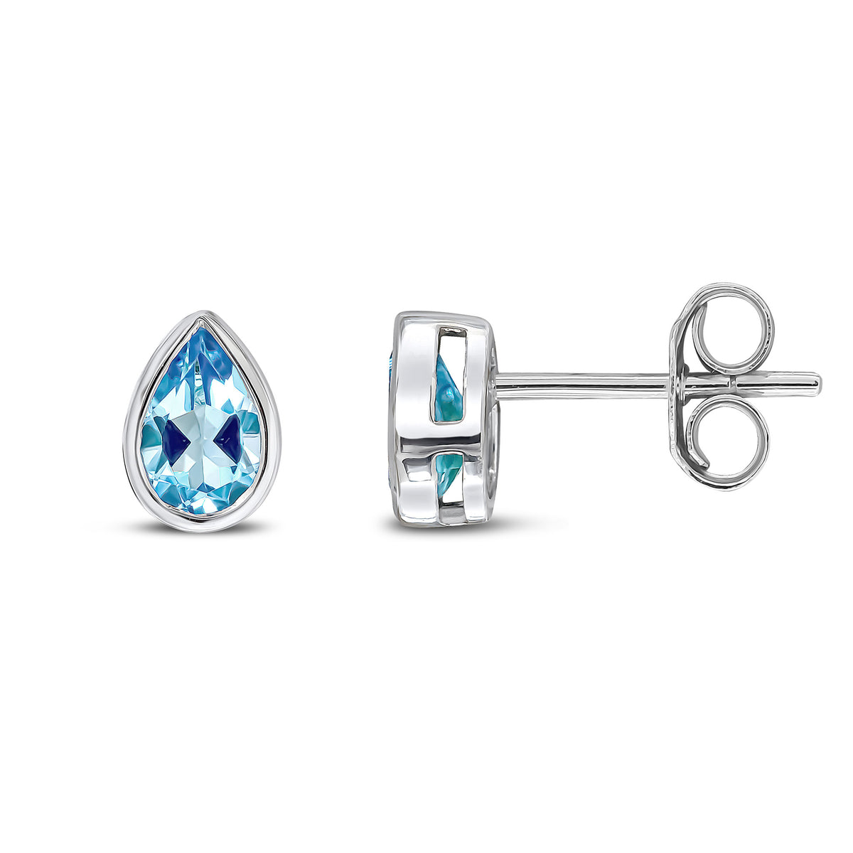 9ct White Gold 6x4 Pear Shape Swiss Blue Topaz Rubover Set Earrings