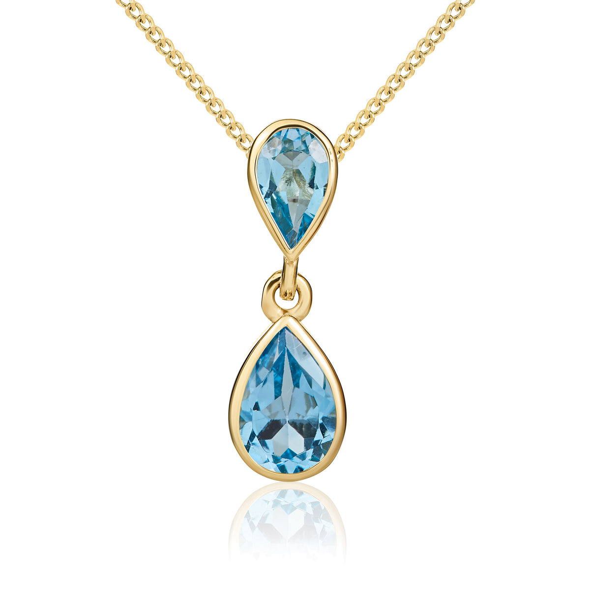 9ct Yellow Gold Pear Shaped Swiss Blue Topaz Double Drop Pendant