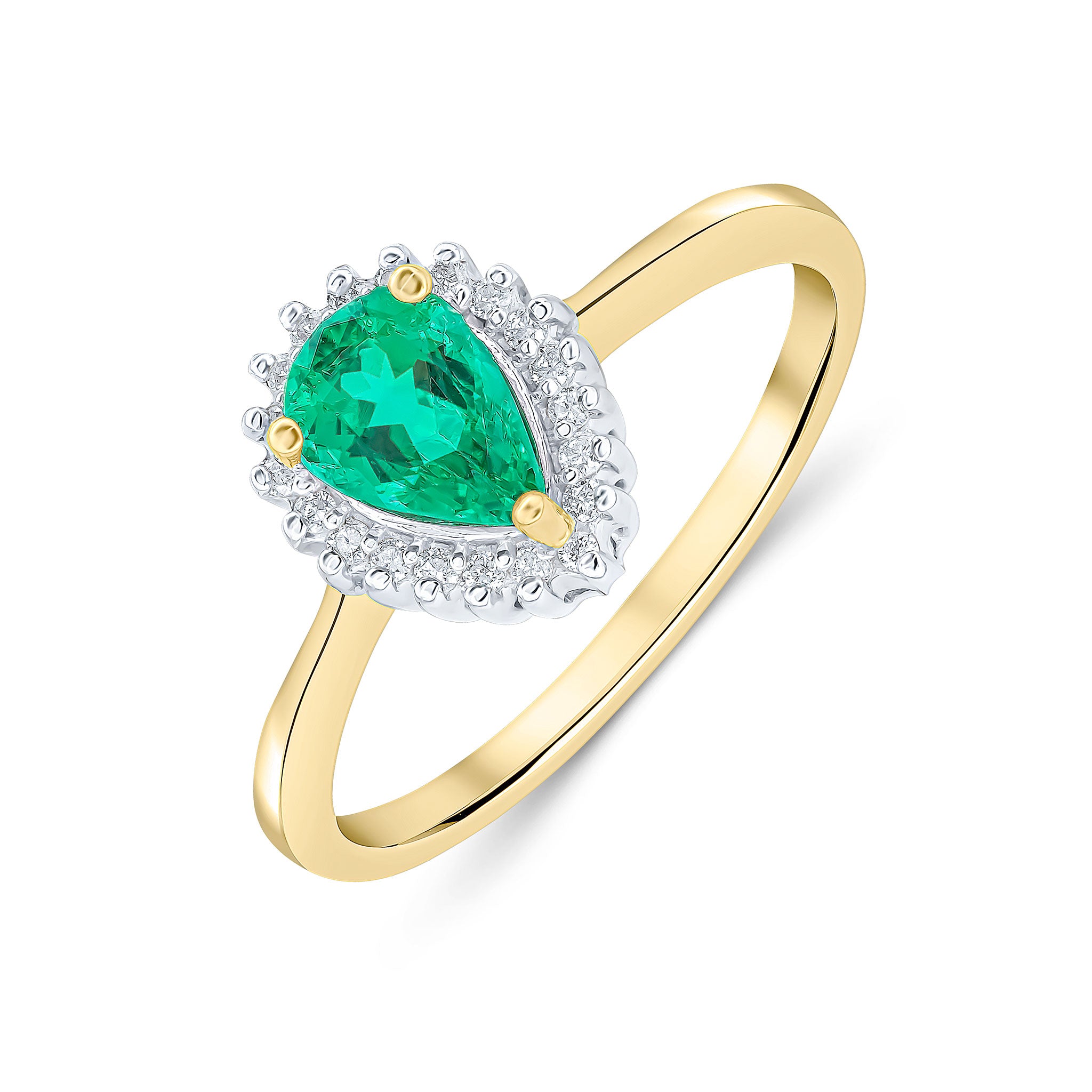 9ct Yellow Gold 7x5mm Pear Shape Emerald & Diamond Claw Set Cluster Ring Rhodium to Diamonds