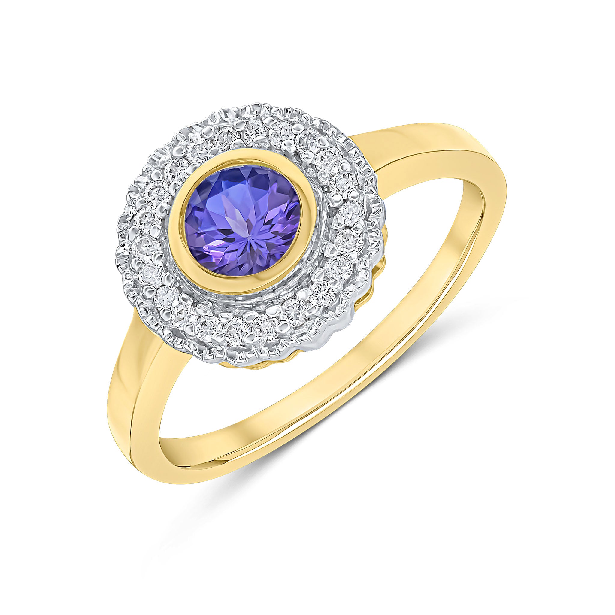 9ct Yellow Gold Round Rubover Tanzanite and Milgrain Round Diamond Cluster Ring Rhodium to Diamonds