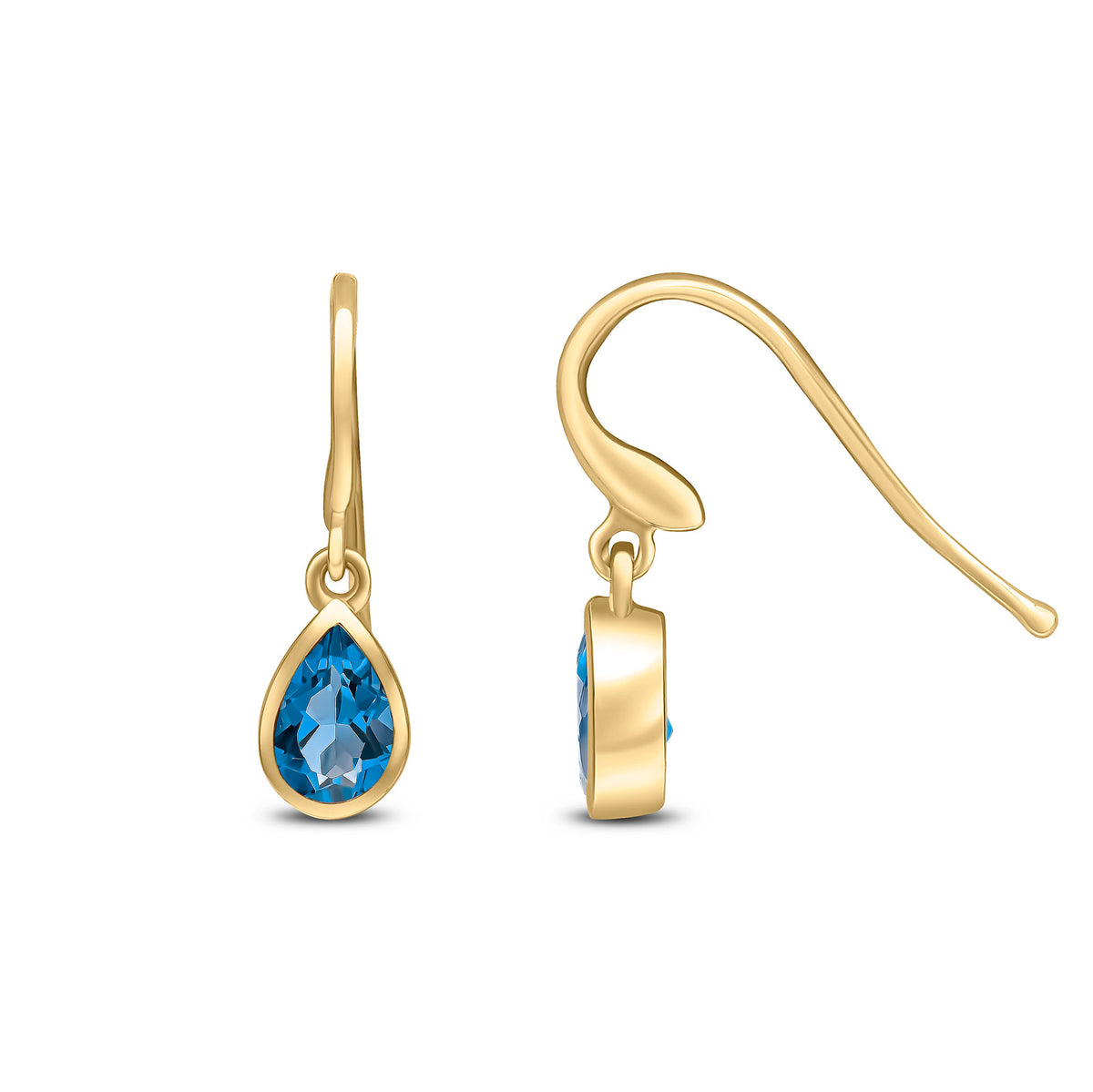 9ct Yellow Gold 6x4 Pear Shape London Blue Topaz Rubover Drop Earrings with Wire Hook Fitting