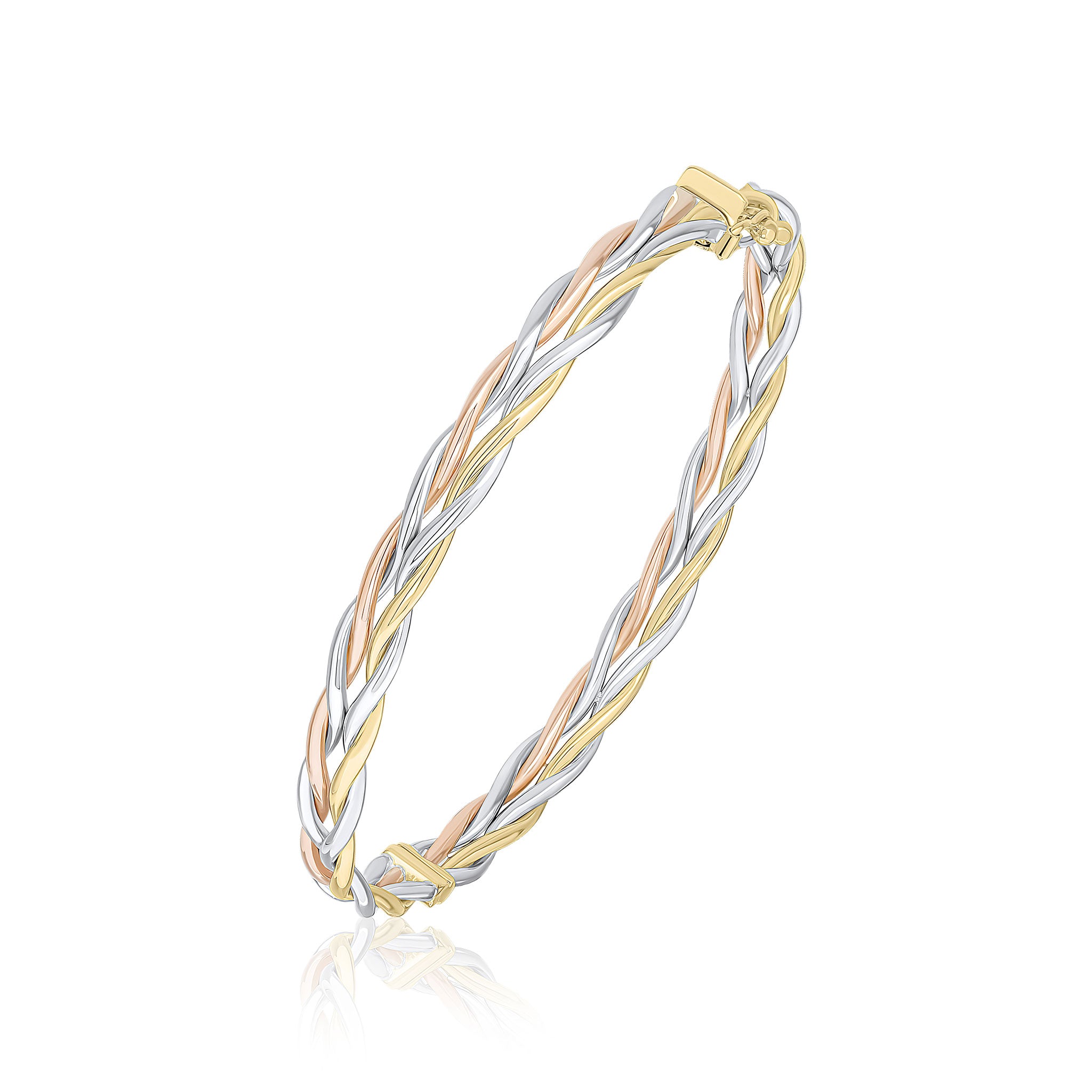 9ct Three Tone Yellow White Rose Gold Plait Design Bangle