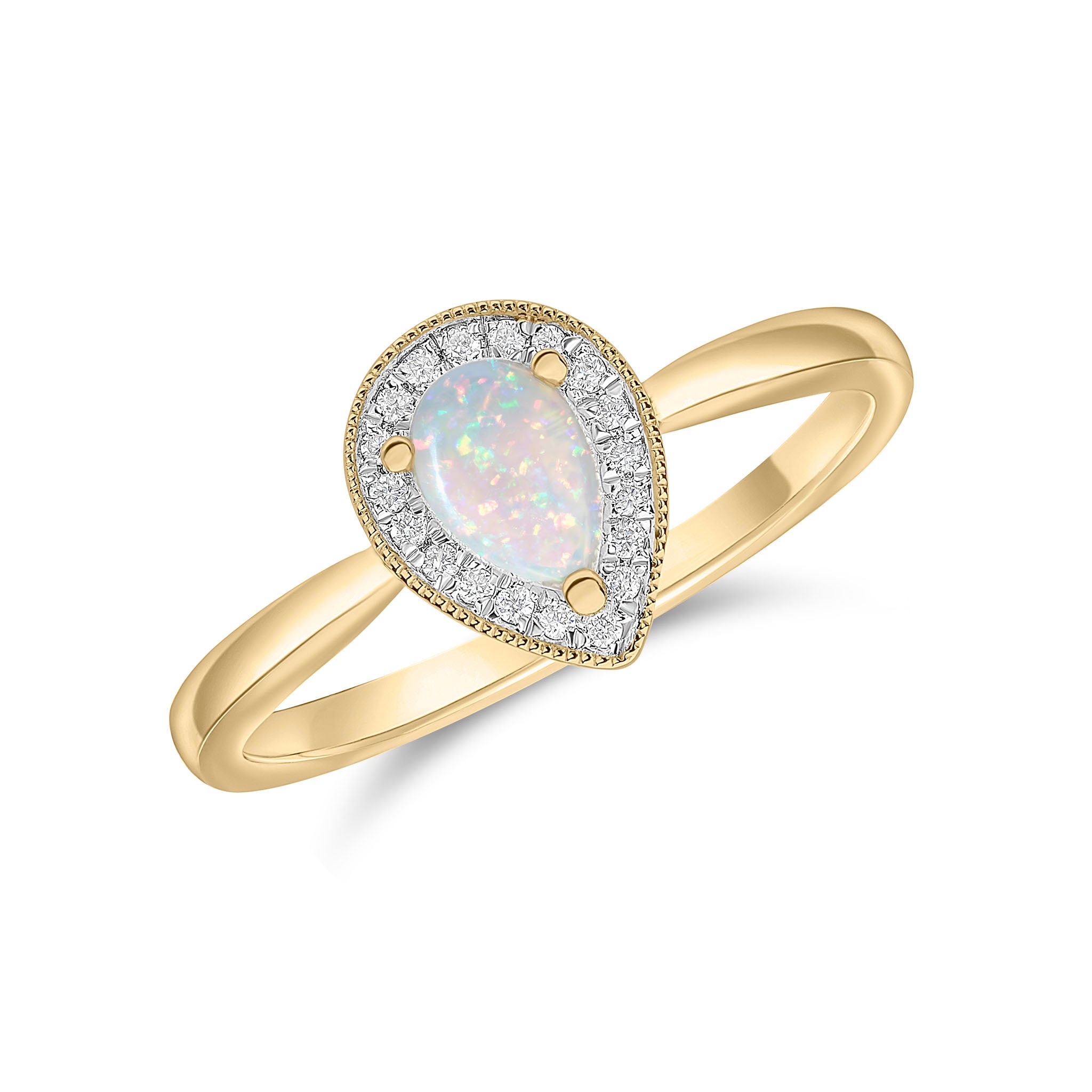 18ct Yellow Gold Claw Set 6x4 Pear Shape Opal & Diamond Cluster Ring Milgrain Edge