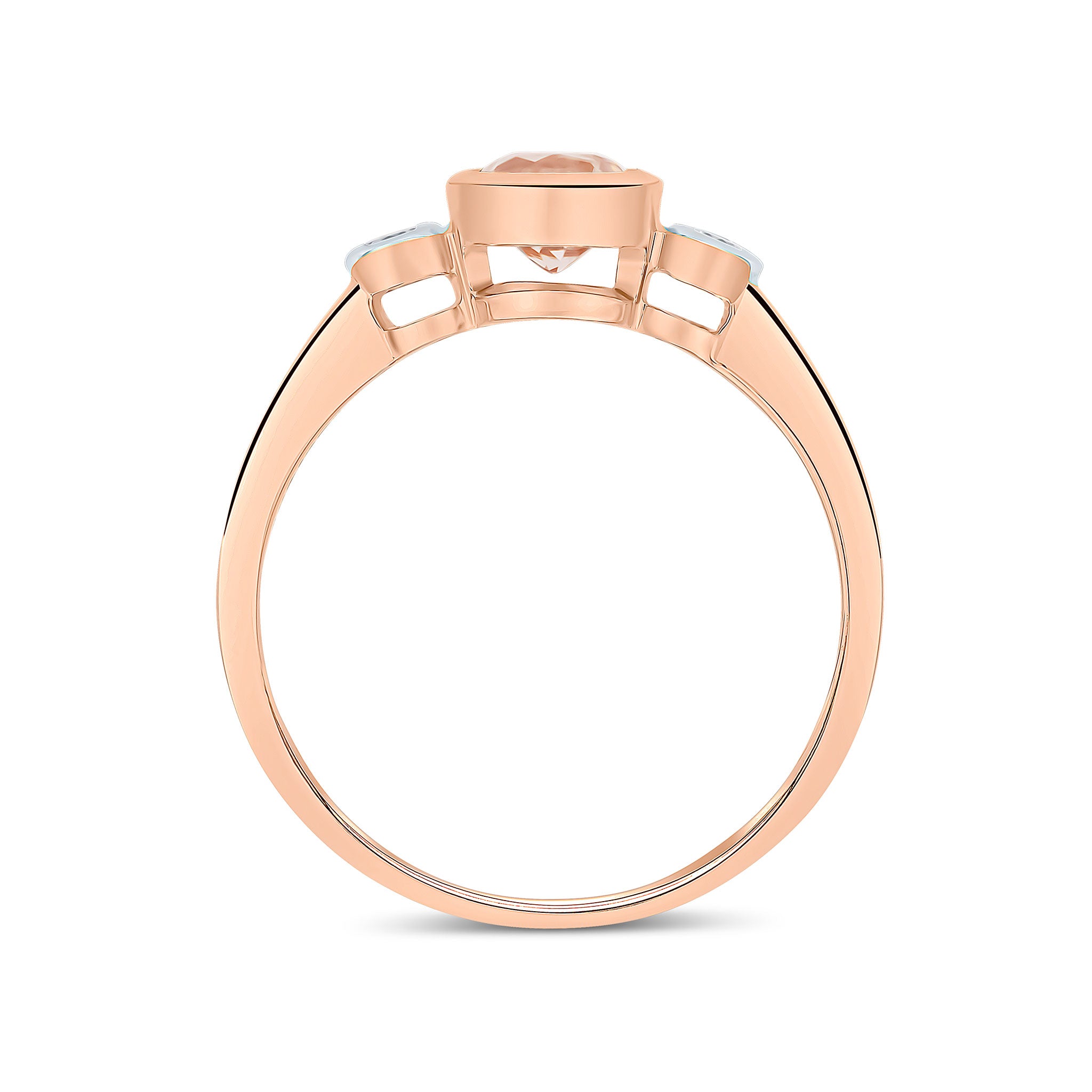 9CT RG 5MM ROUND MORGANITE AND ROUND DIAMOND RUBOVER 3ST RING. RHODIUM TO DIAMONDS 1