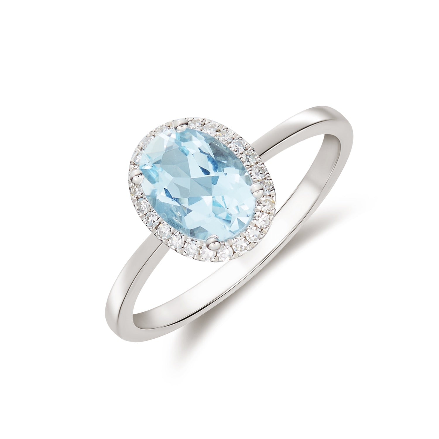 9ct White Gold 8x6 Oval Aquamarine & Diamond Claw Set Cluster Ring