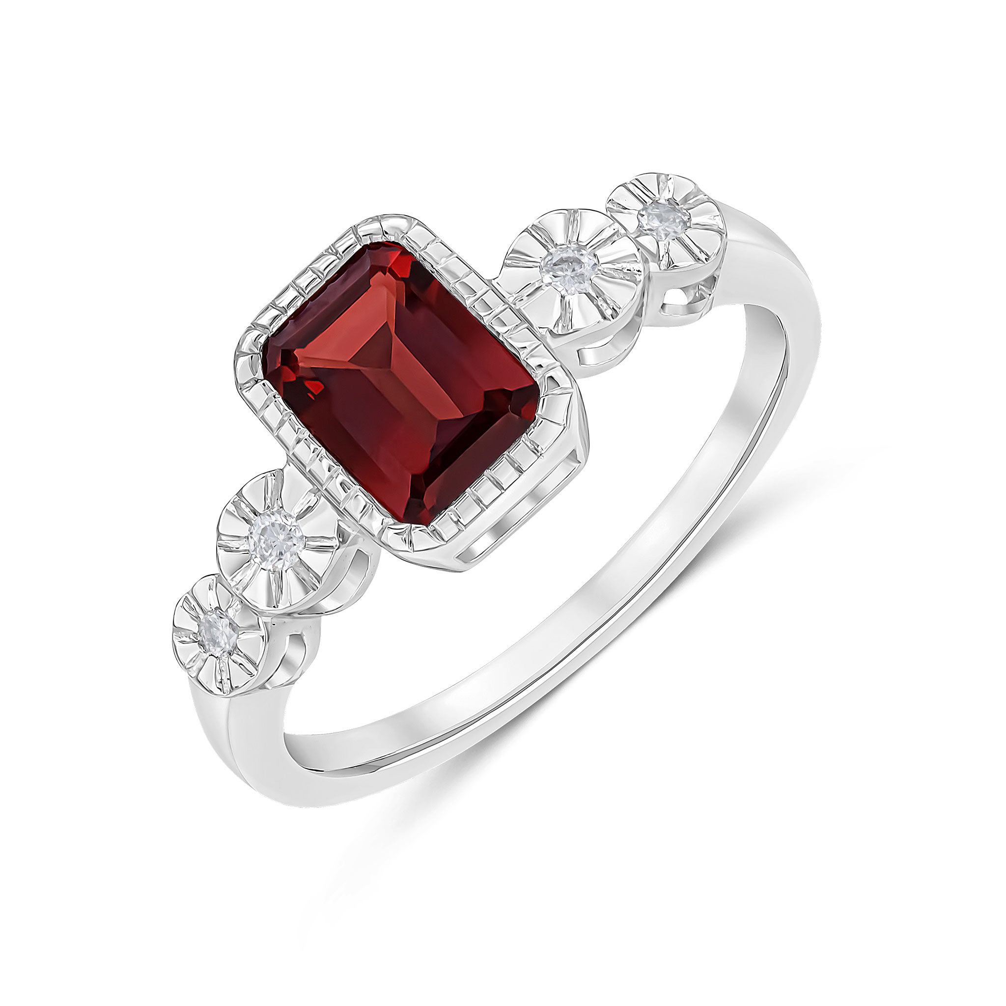 9CT WHITE GOLD MILLEGRAIN OCTAGON GARNET AND ILLUSION DIAMOND 2ST SHOULDERS RING 1