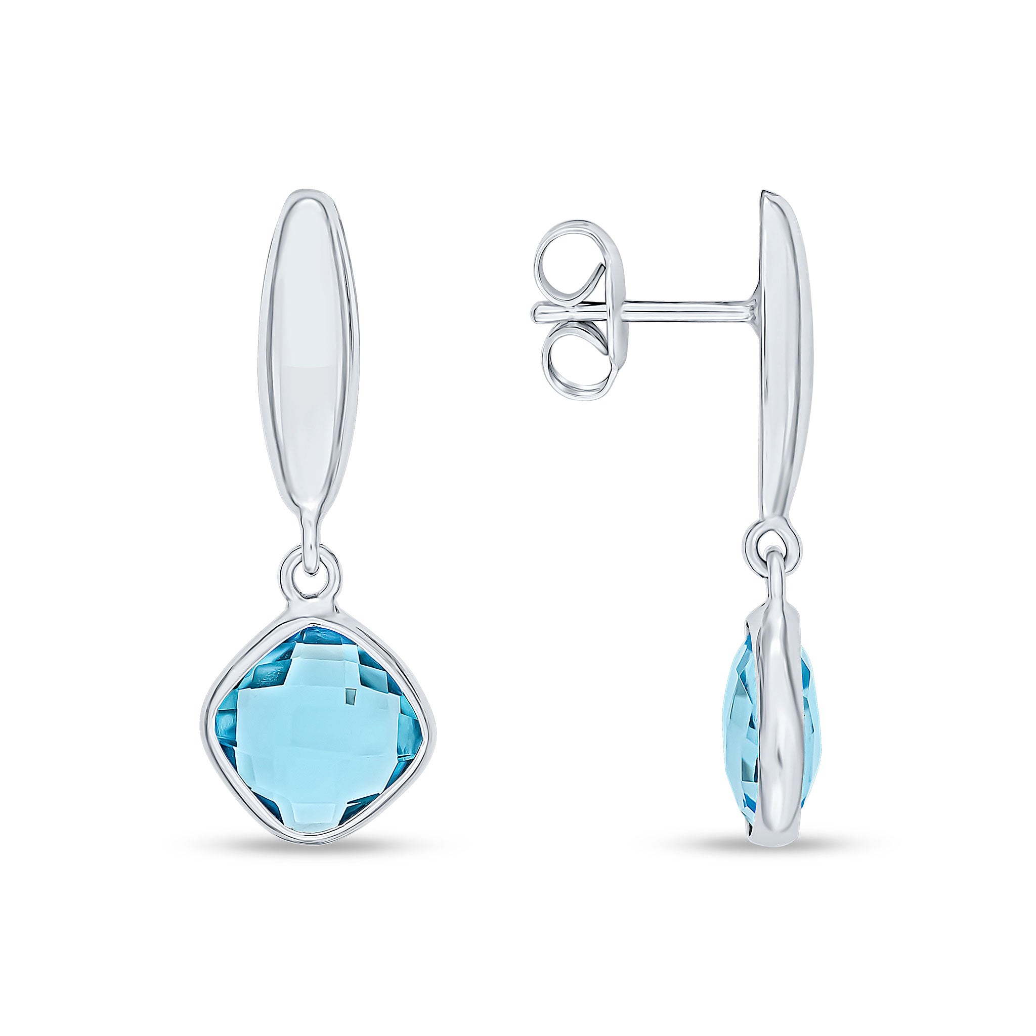 9ct White Gold Torpedo Top & Checkboard Cushion Swiss Blue Topaz Drop Earrings