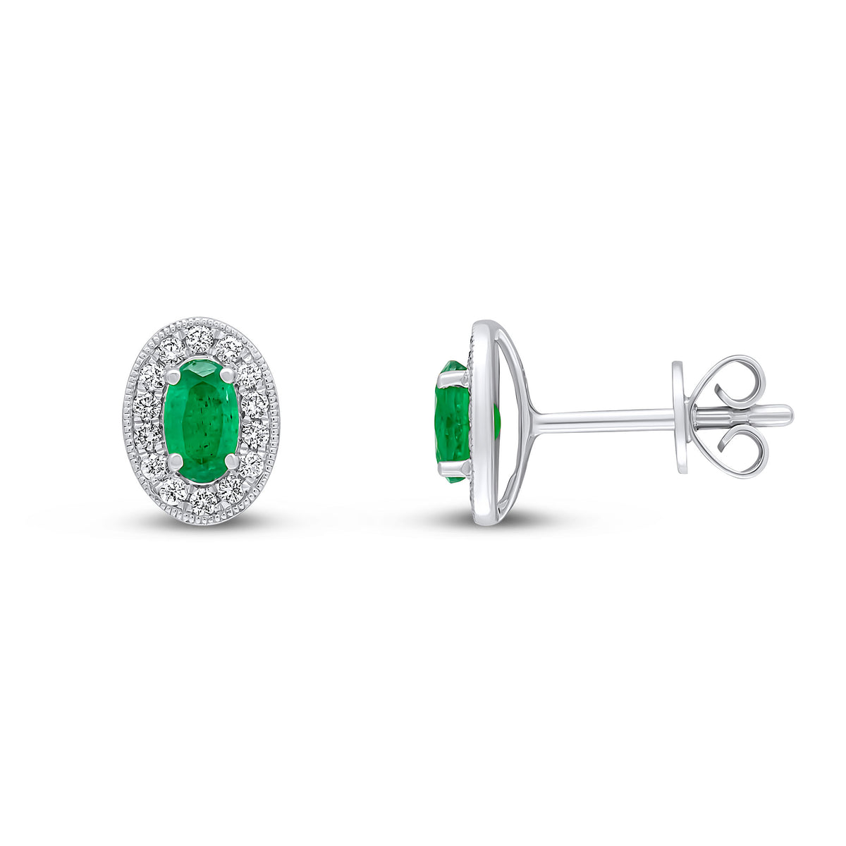 18ct White Gold 5x3 Oval Emerald & Diamond Claw Cluster Earrings with Milgrain Edge