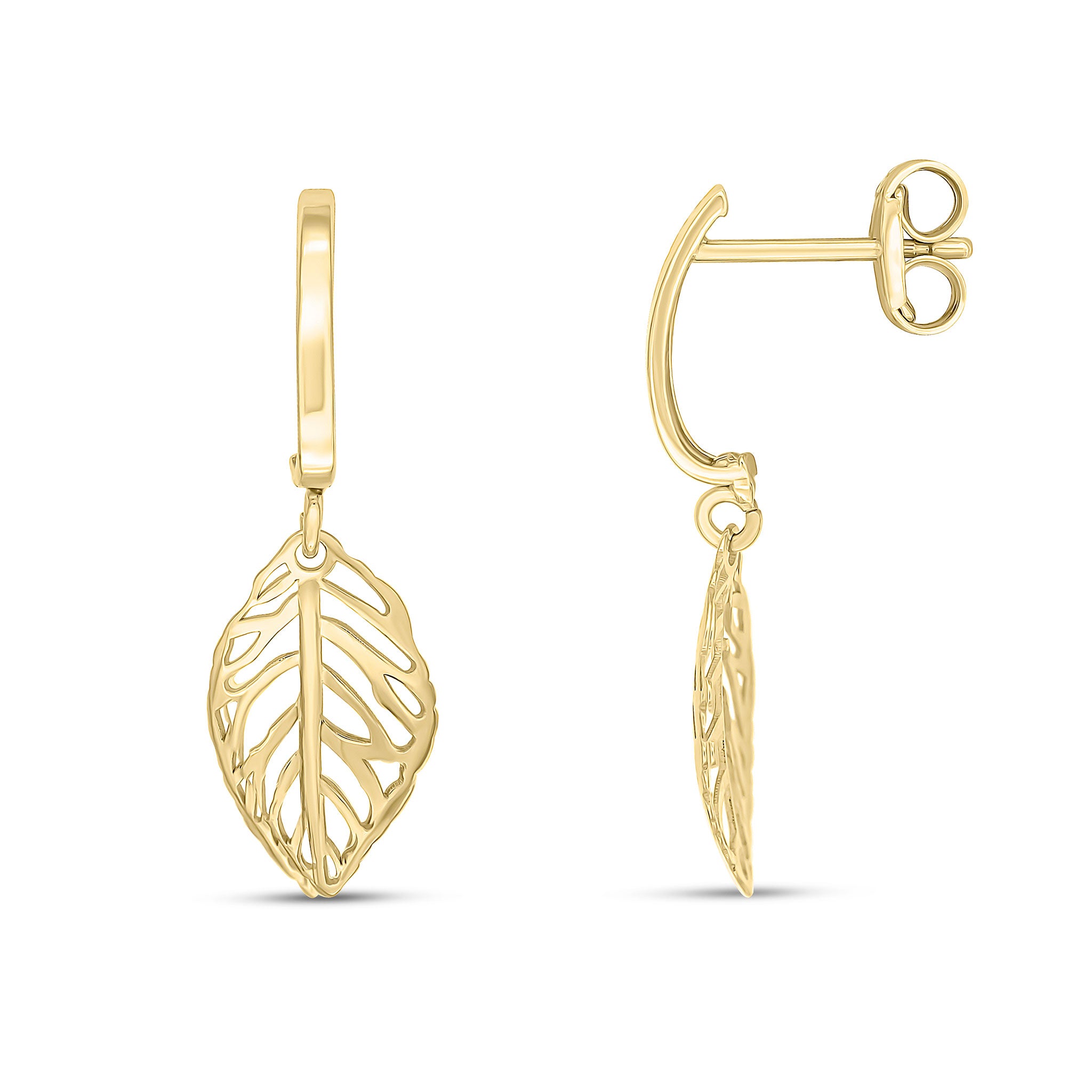 9ct Yellow Gold Curved Bar & Leaf Drop Earrings