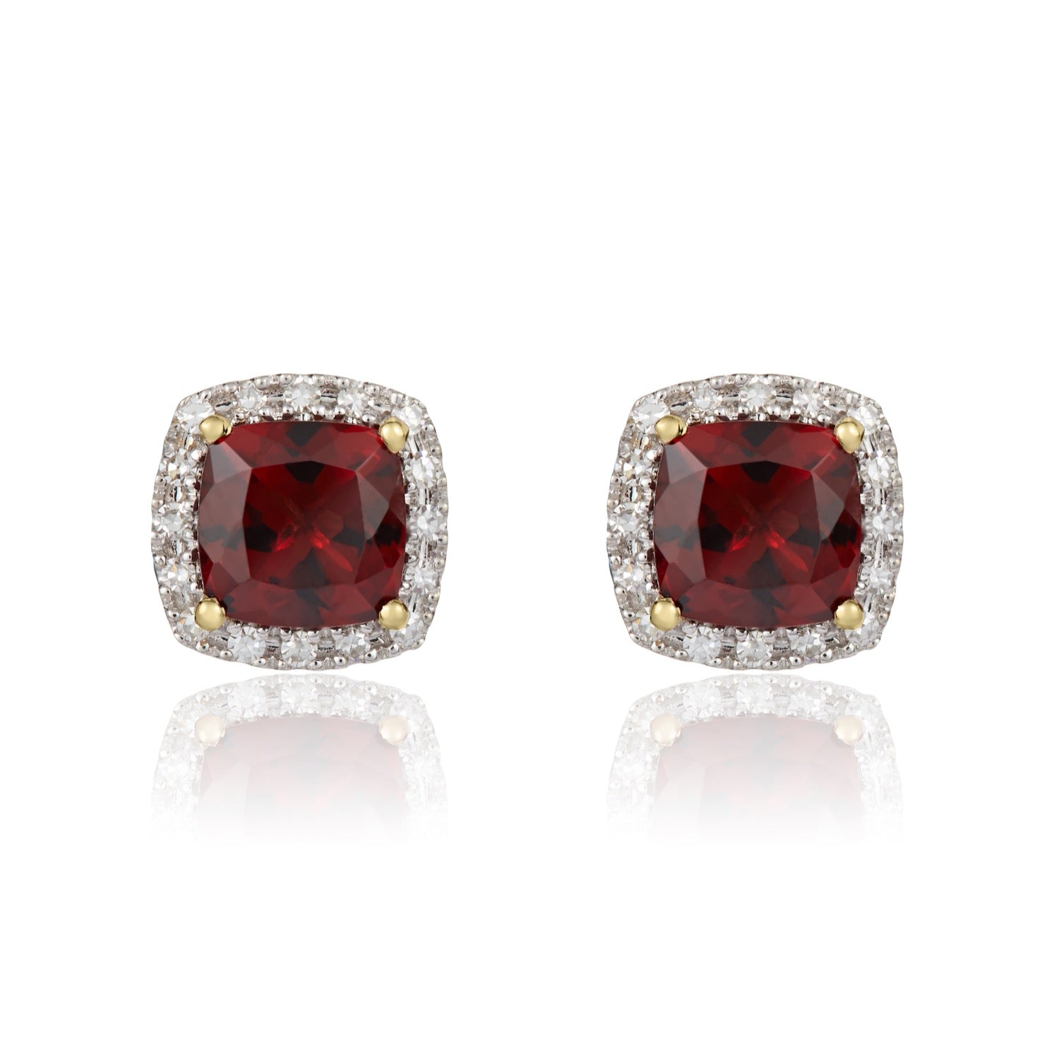 9ct Yellow Gold Cushion Garnet & Diamond Cluster Earrings