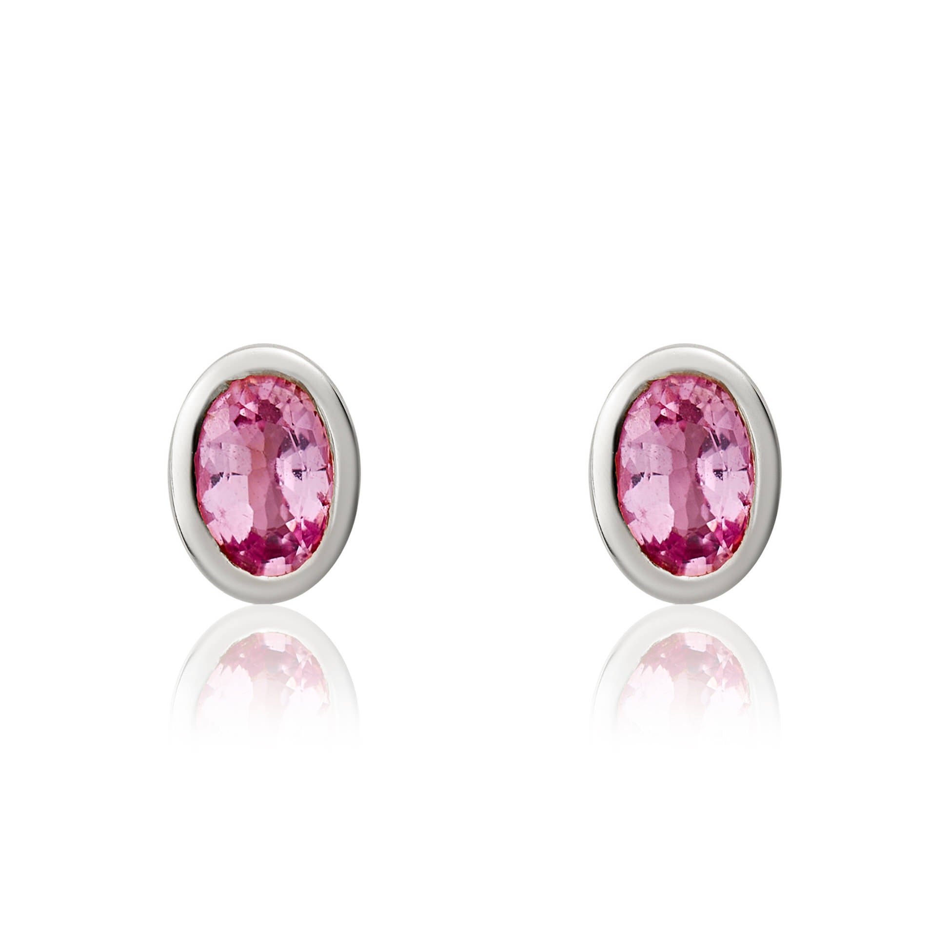 9ct White Gold 4x3 Oval Pink Sapphire Rubover Set Earrings