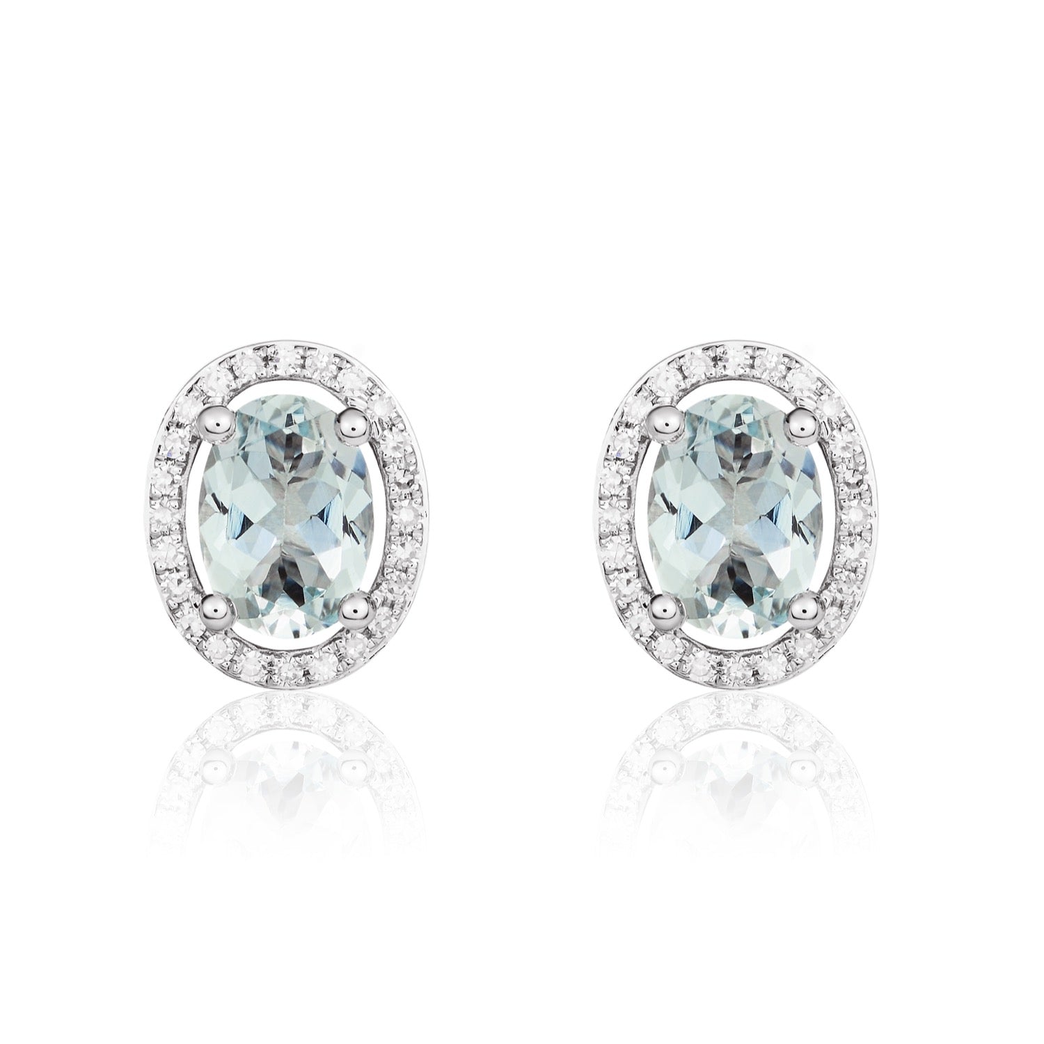 9ct White Gold 7x5 Oval Aquamarine and Round Diamond Claw Set Halo Cluster Earrings