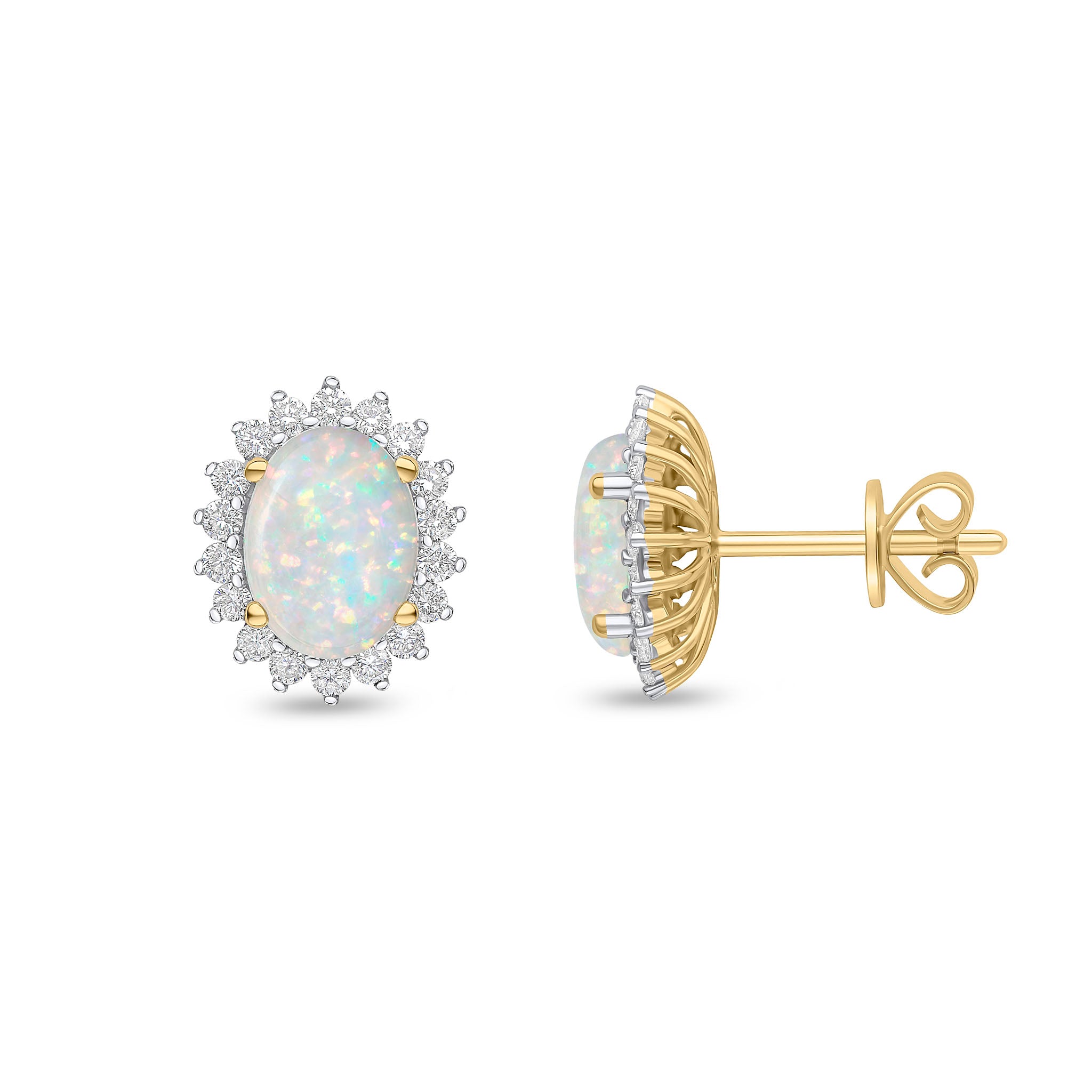 18ct Yellow Gold 8x6 Oval Opal & Diamond Claw Set Cluster Earrings Rhodium to Diamonds