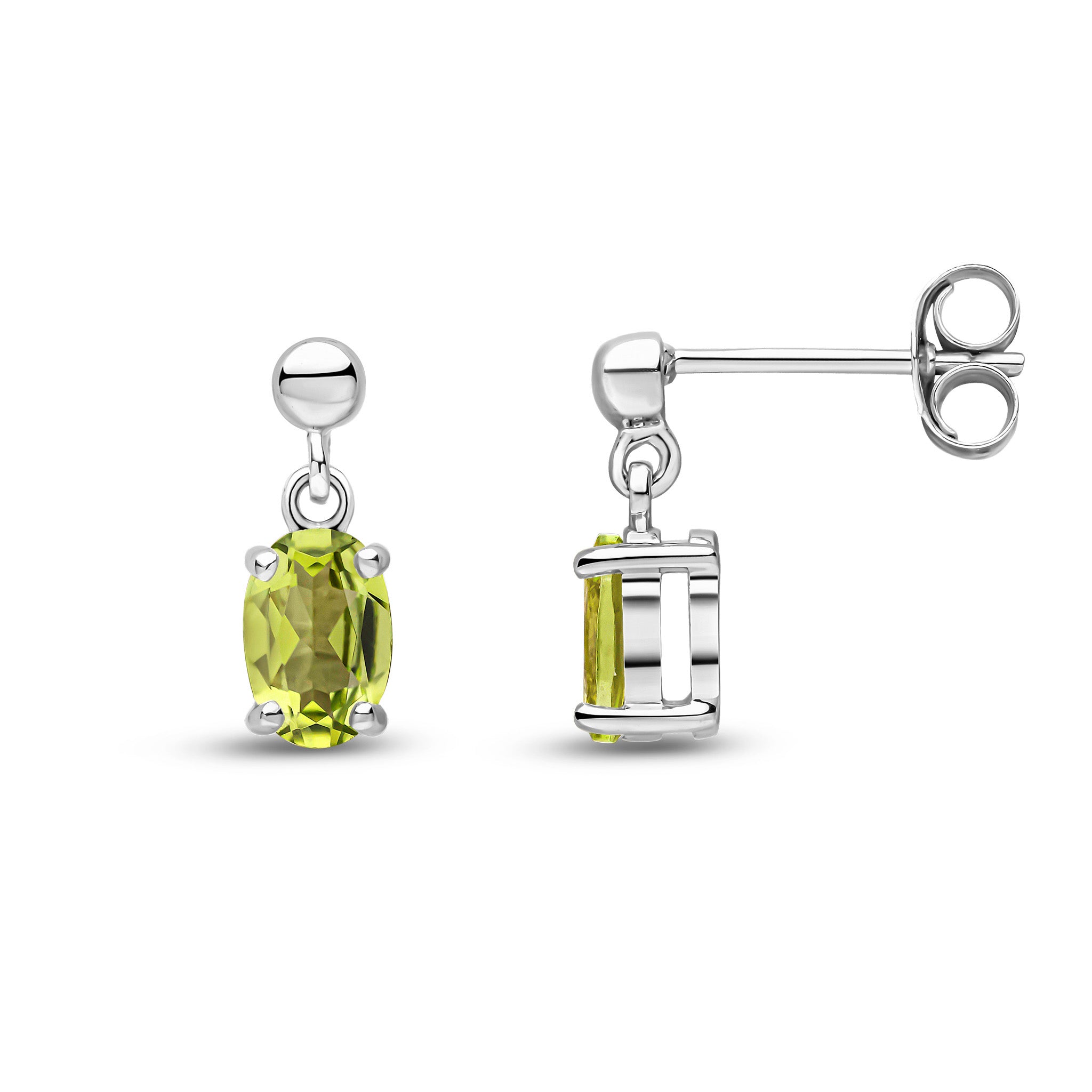 9ct White Gold 6x4 Oval Peridot Claw Set Drop Earrings with Bead Top