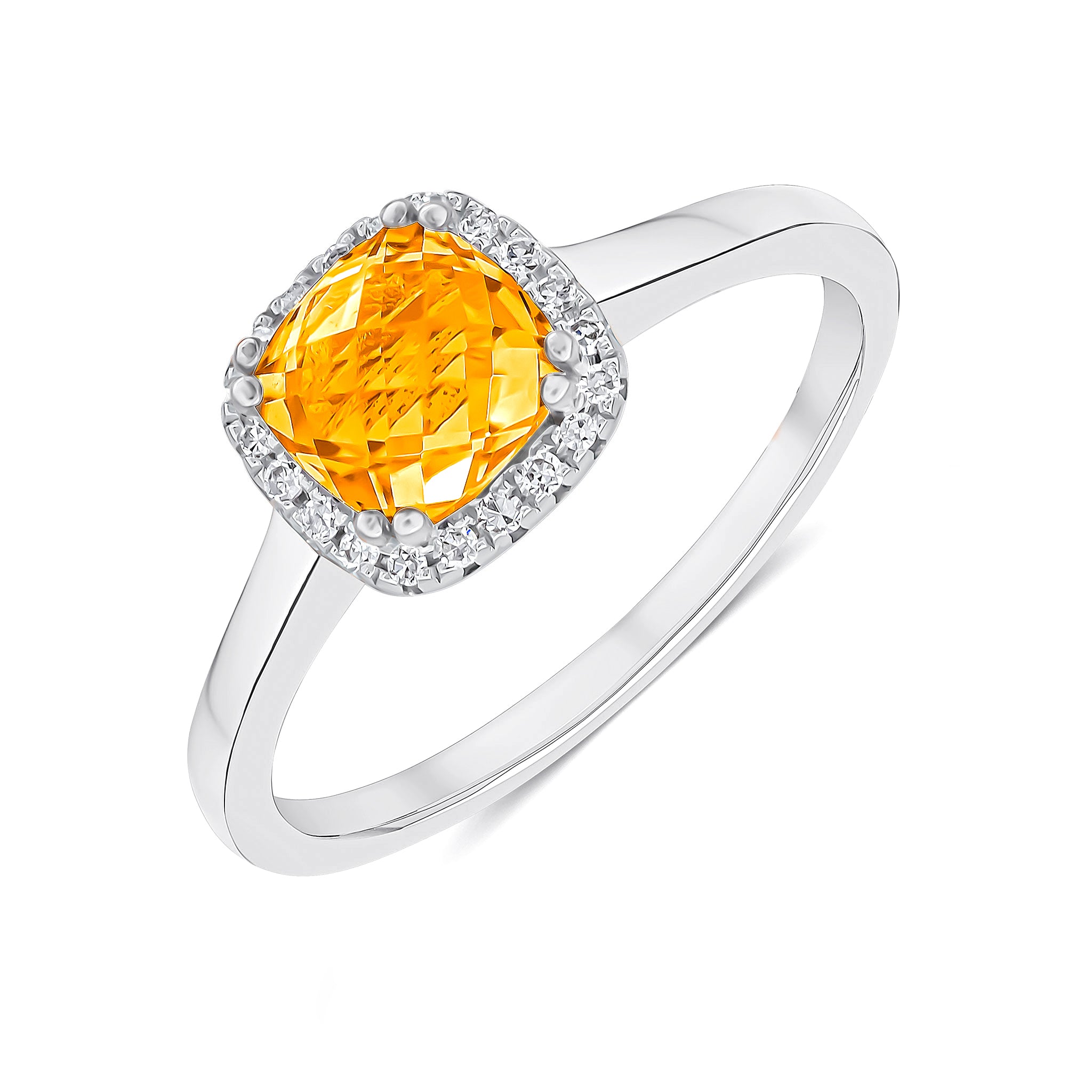 9ct White Gold 6mm Checkerboard Cut Cushion Citrine and Round Diamond Claw Set Cluster Ring