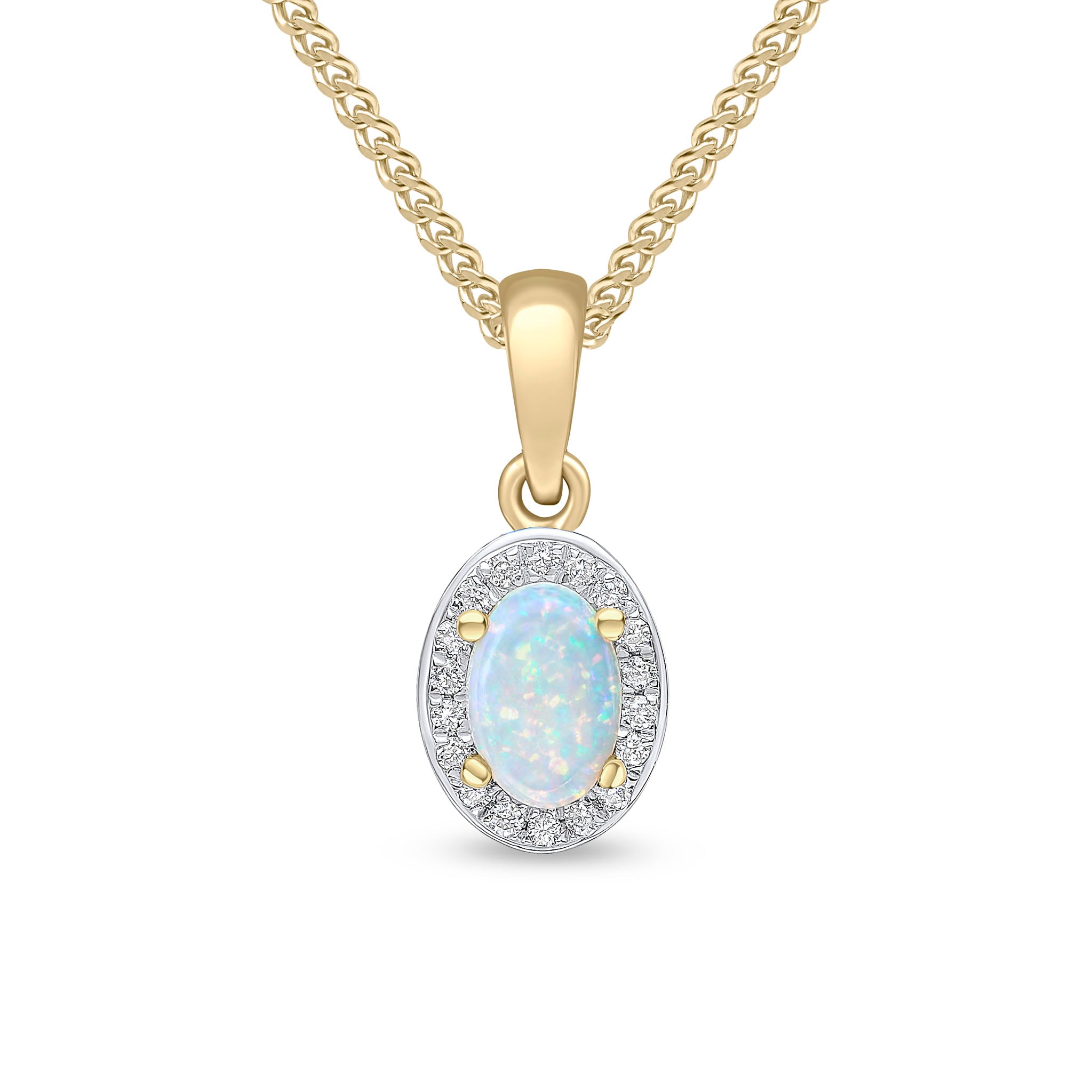 18ct Yellow Gold Claw Set 6x4 Oval Opal and Grain Set Round Diamond Cluster Pendant Rhodium to Diamonds