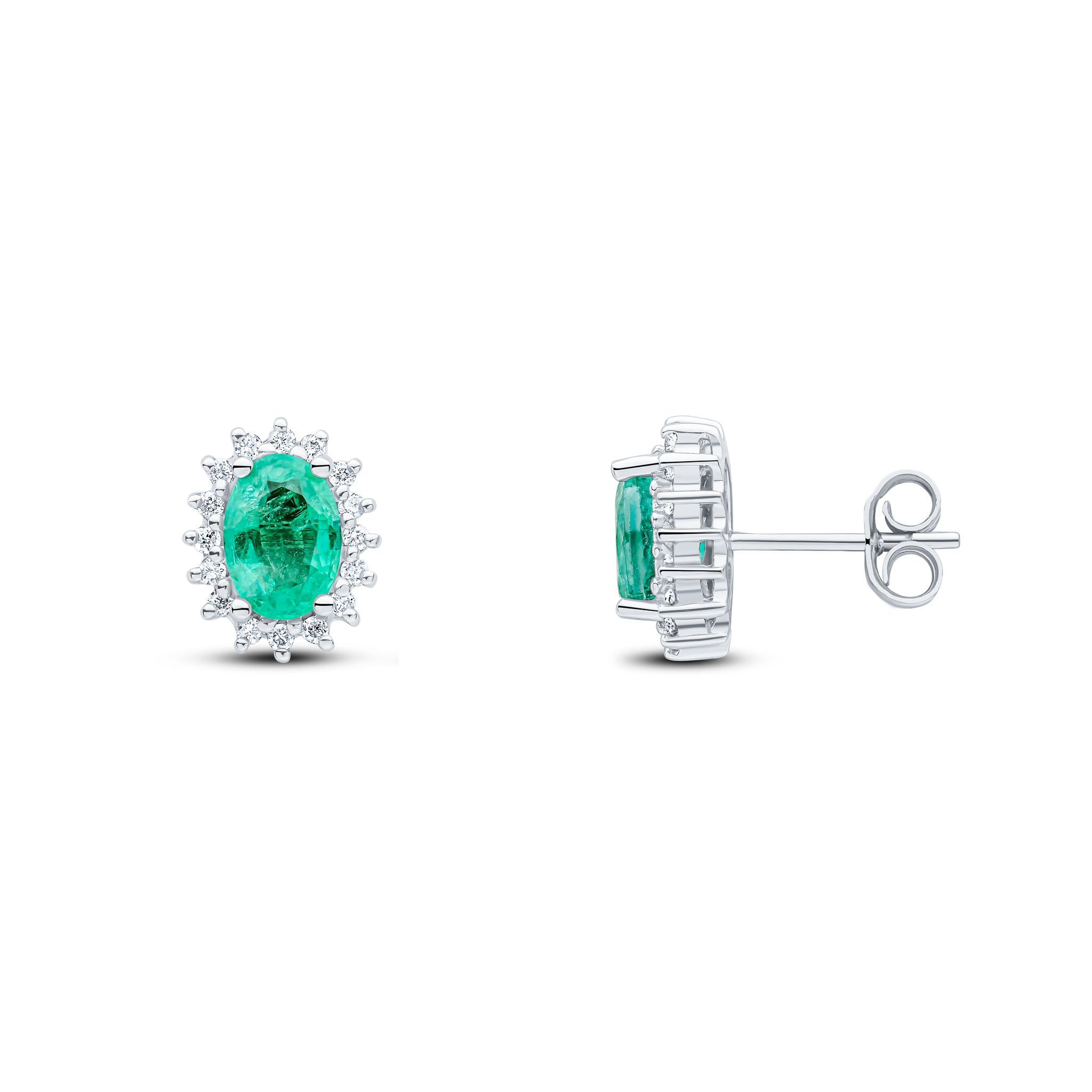 9ct White Gold 7x5 Oval Emerald & Diamond Claw Set Cluster Earrings