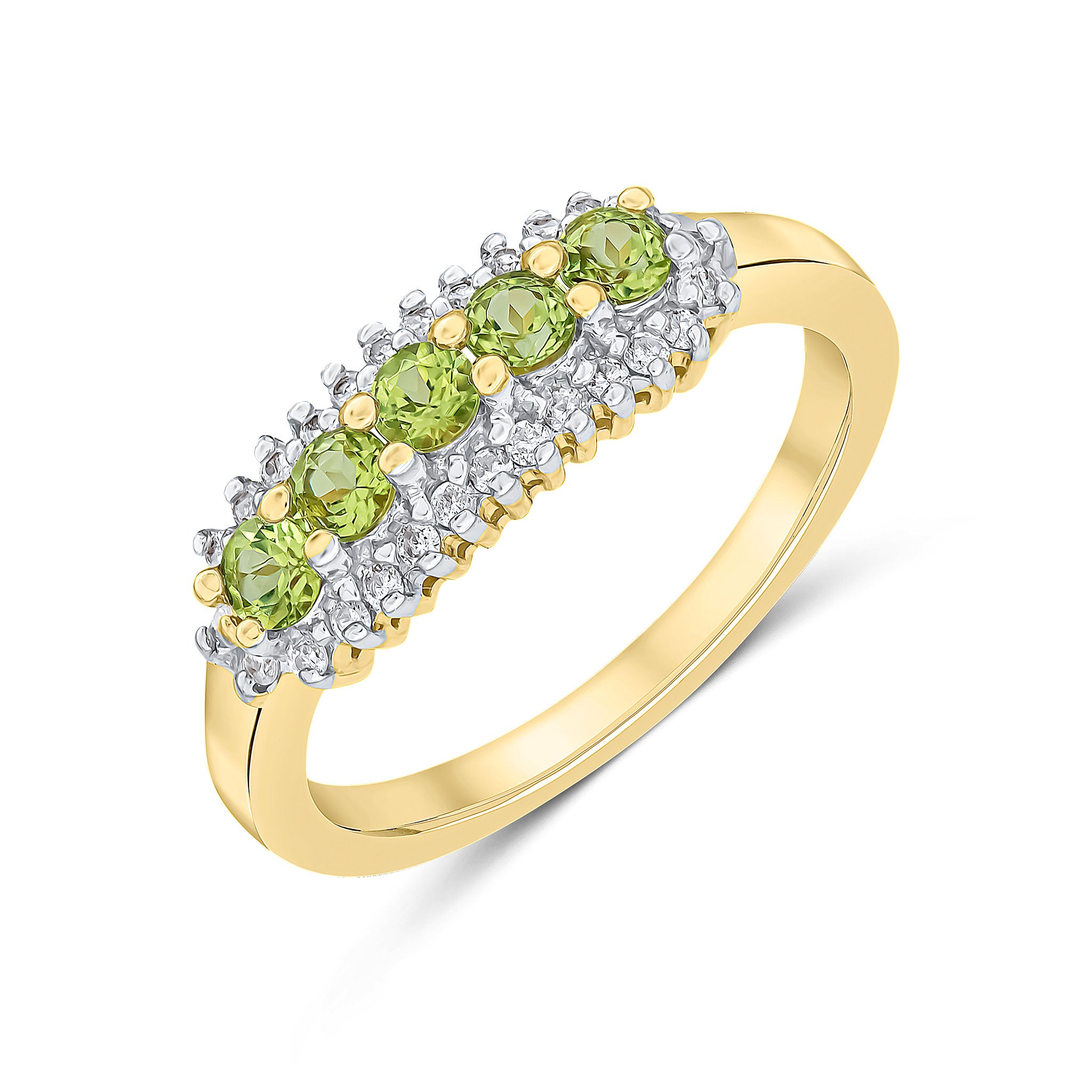 9ct Yellow Gold Round Peridot and Round Diamond 3 Row Claw Set Band Ring Rhodium to Diamonds
