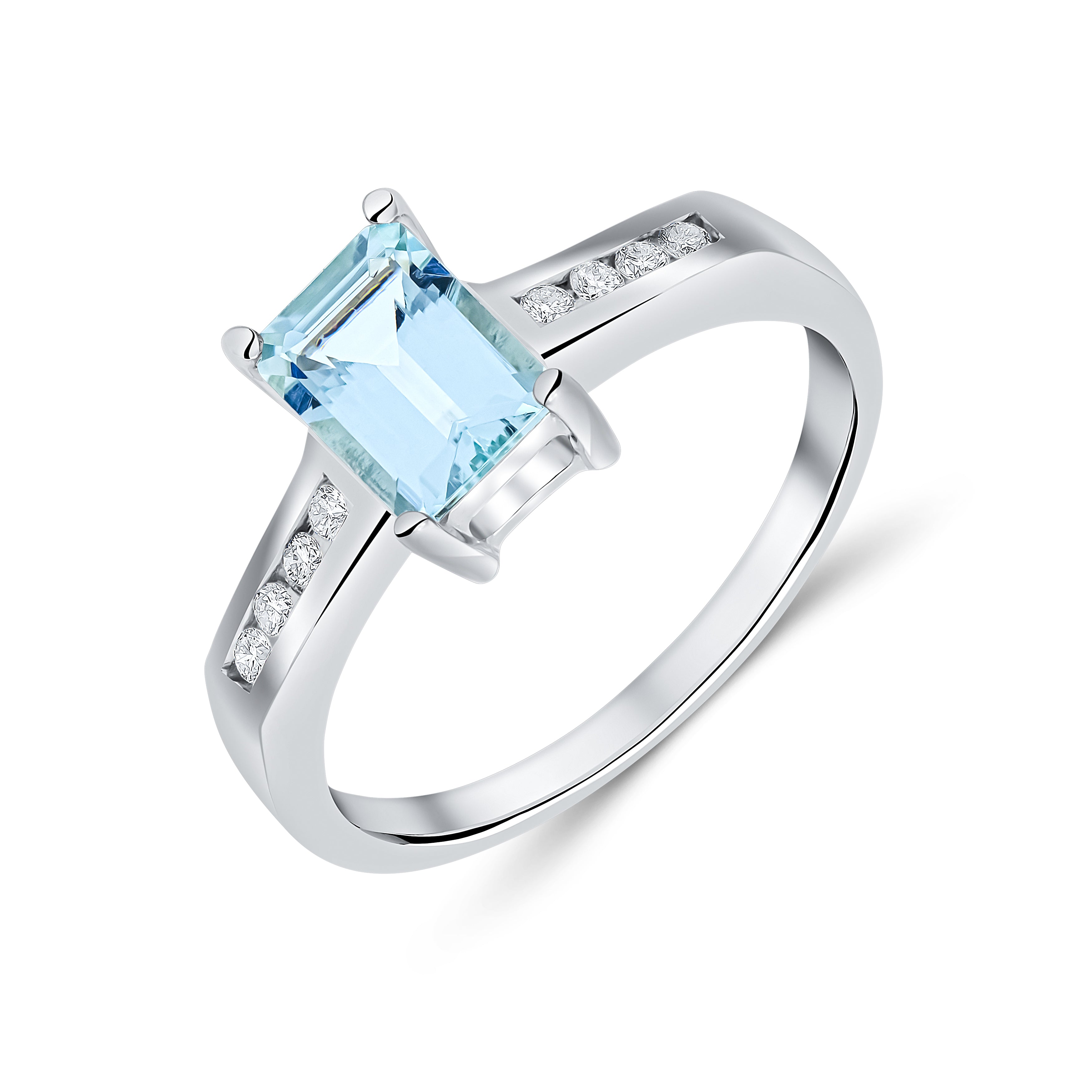 9CT WG 7X5 OCTAGON AQUA CLAW SET SINGLE STONE RING WITH CHANNEL SET DIAMOND SHOULDERS 1