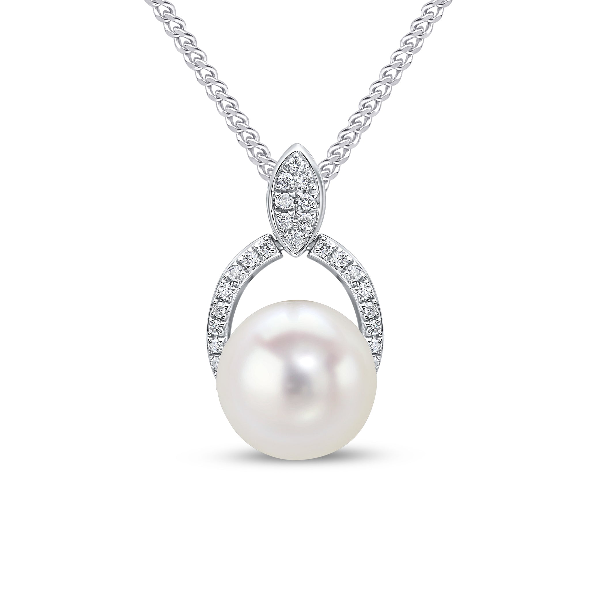 18ct White Gold Cfw Pearl with Grain Set Diamond 'horseshoe' Top Pendant